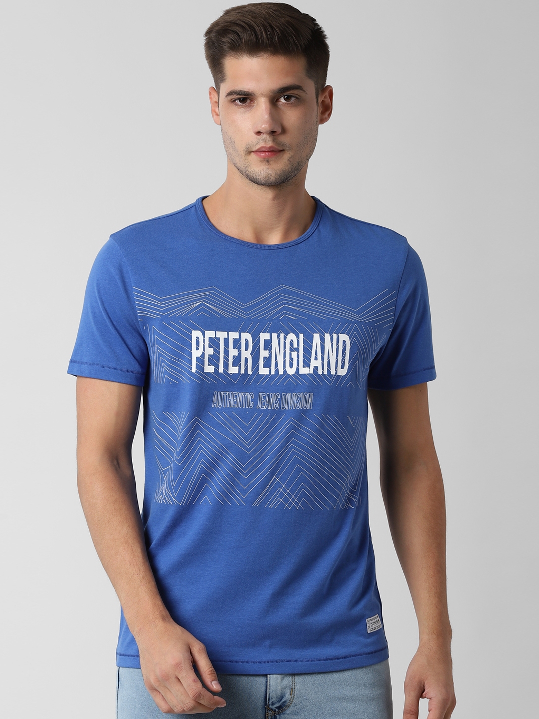 Buy Peter England Casuals Men Blue & White Slim Fit Printed Round Neck ...