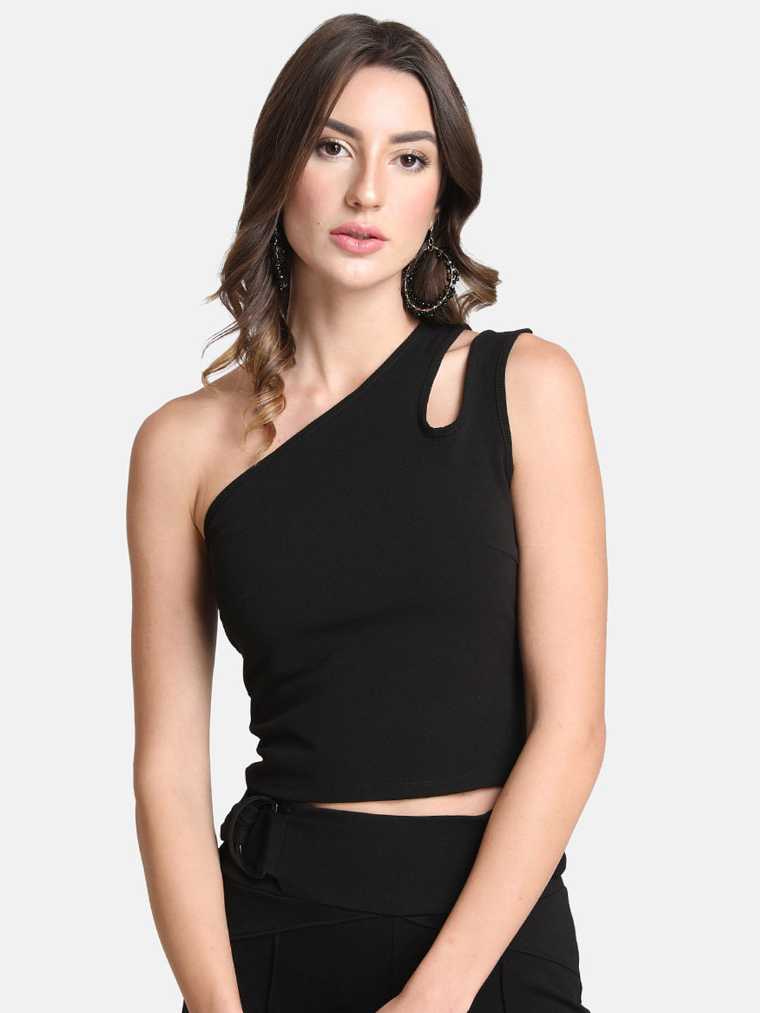 Buy Kazo Women Black Solid Fitted One Shoulder Crop Top Tops for