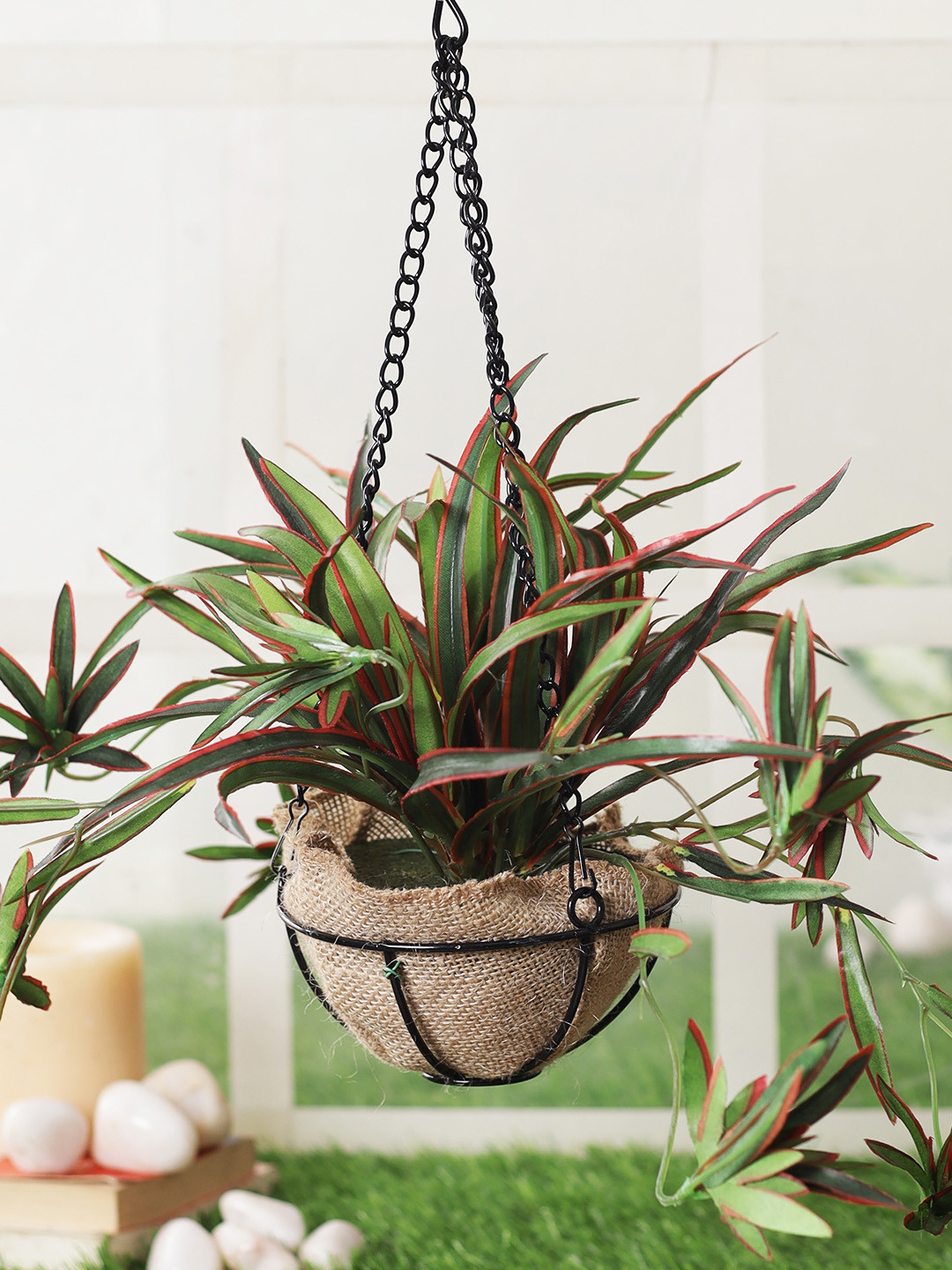 Buy TAYHAA Green & Red Artificial Baby Spider Plant With Hanging Basket