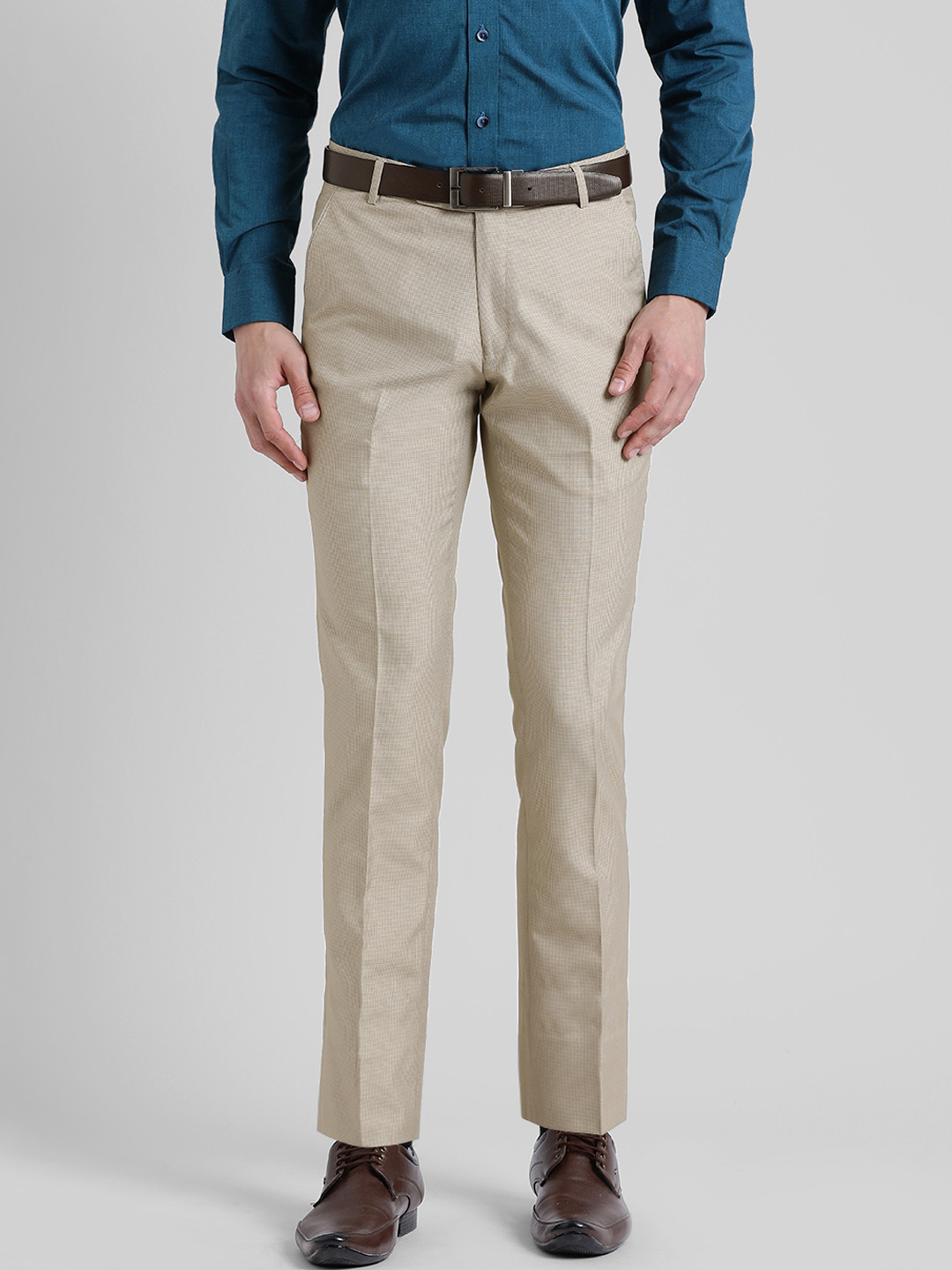 Buy COBB Men Beige Checked Regular Fit Formal Trousers Trousers for