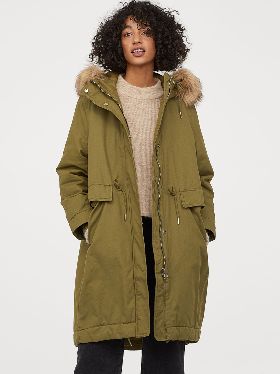 Buy H&M Women Olive Green Cotton Parka Jackets for Women 10929624