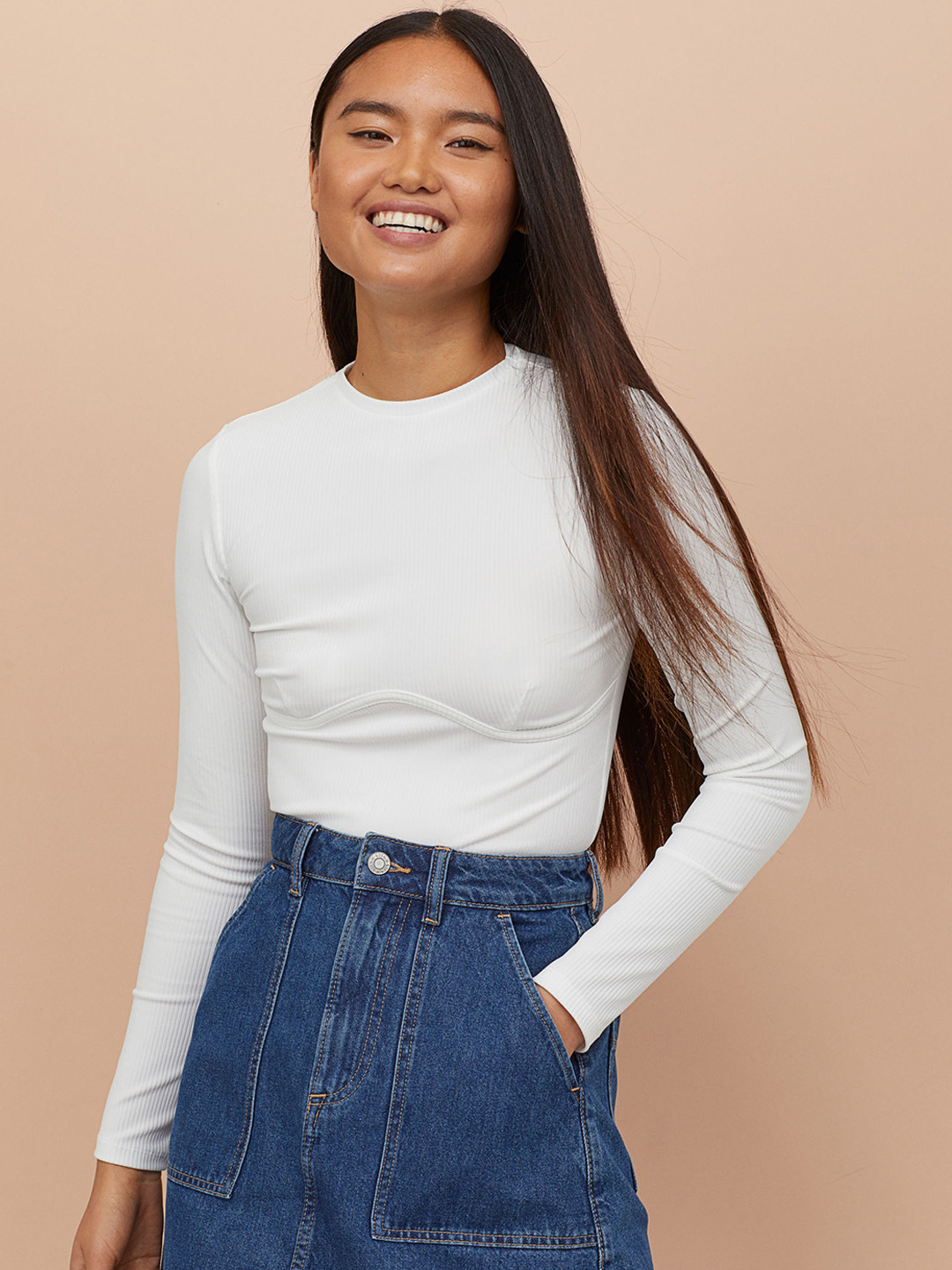 Buy H&M Women White Solid Ribbed Jersey Top Tops for Women 10929286