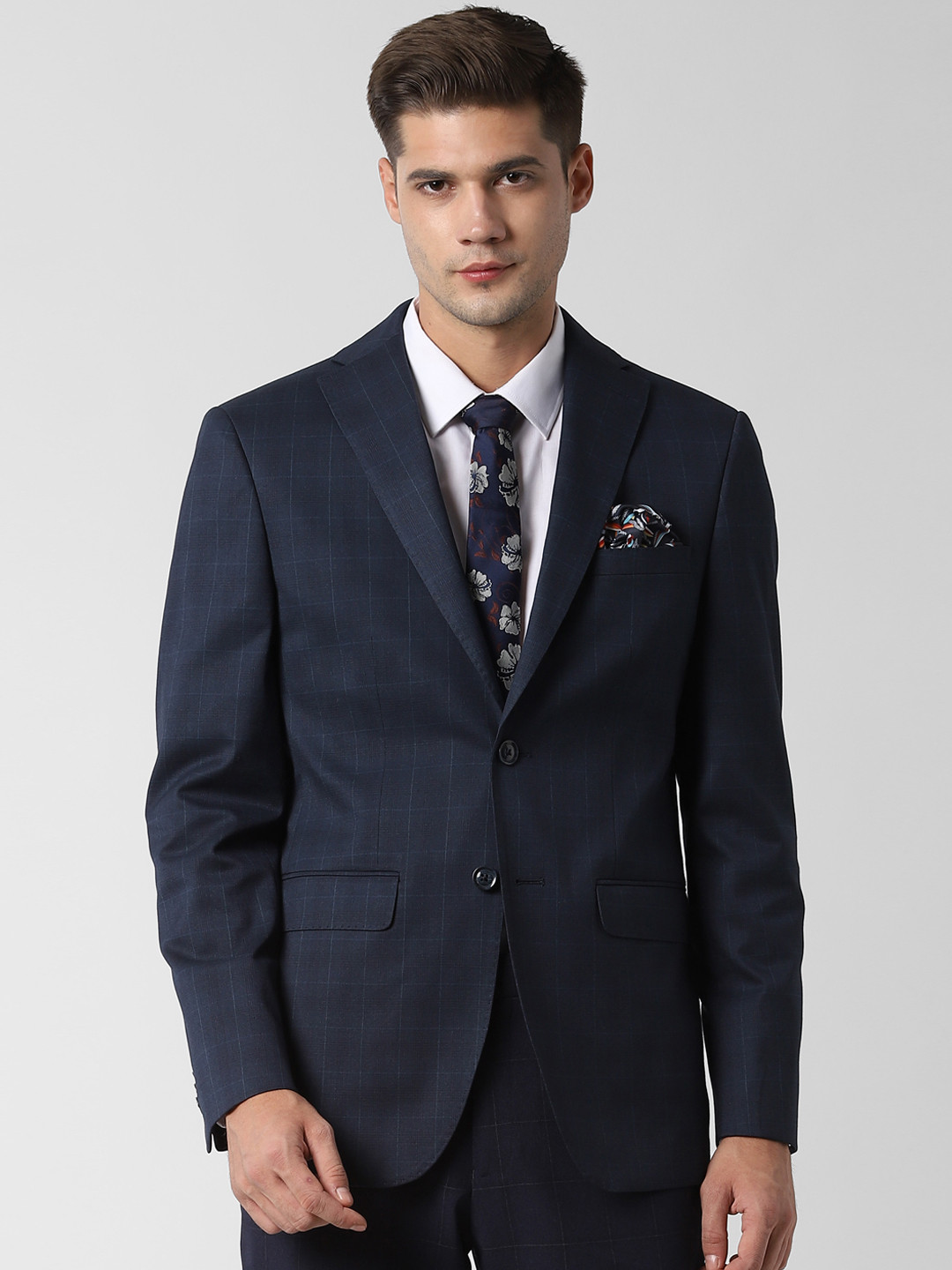 Men's Navy Blue Checked Slim-Fit Single Breasted Casual Blazers