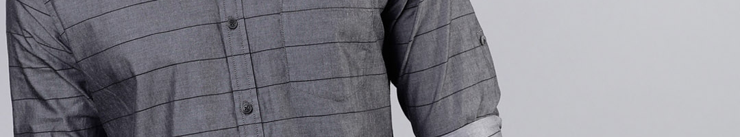 Buy Ecko Unltd Men Charcoal Grey & Black Slim Fit Striped Casual Shirt ...