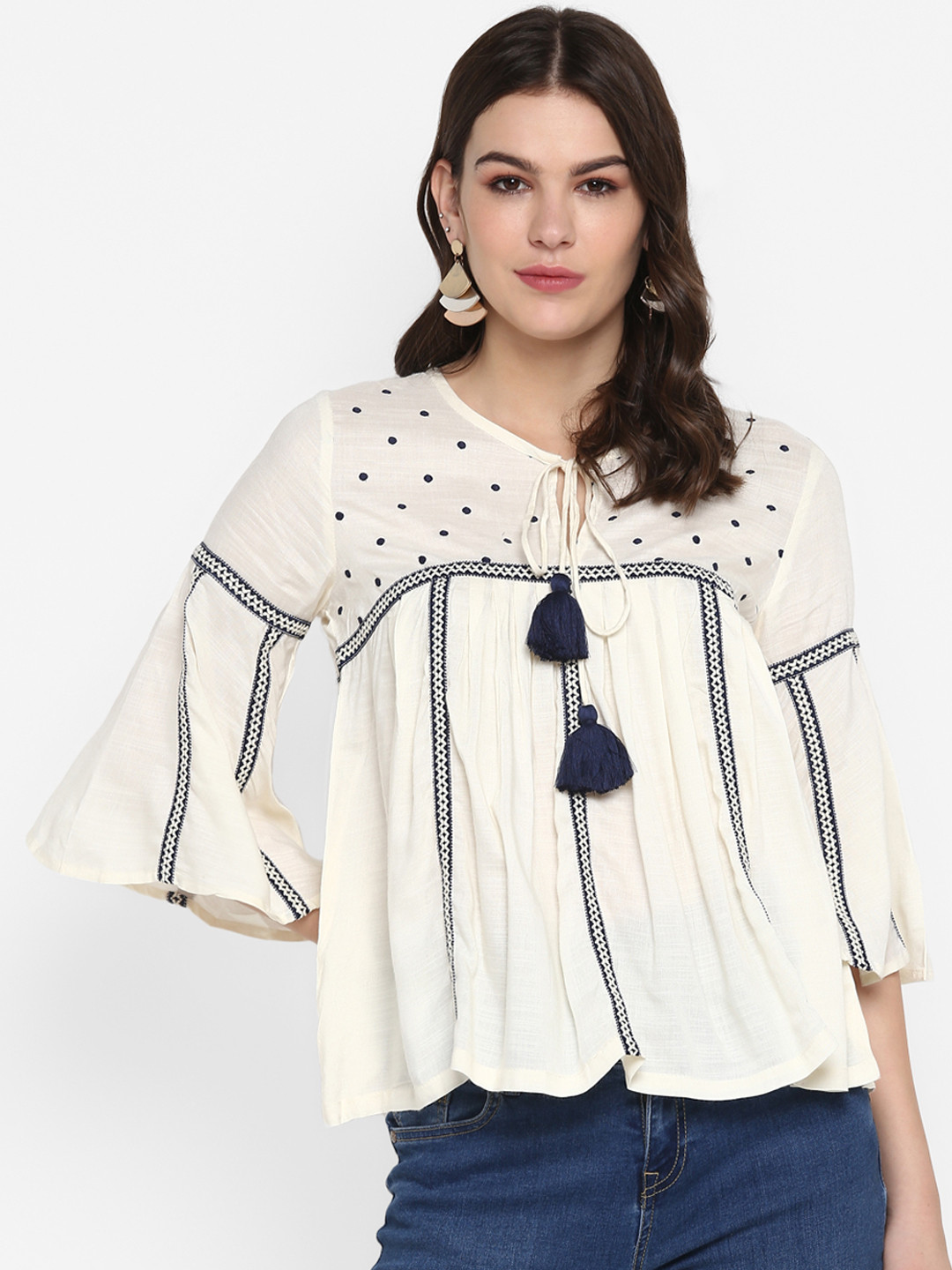 Buy MIAMINX Women Cream Coloured Printed A Line Top Tops for Women