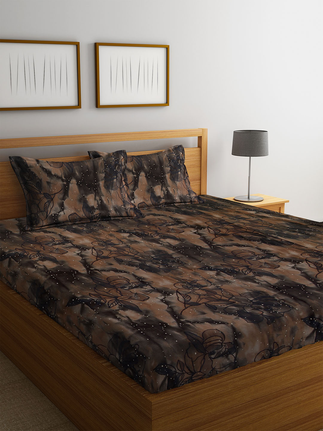 Buy Trident Brown Abstract 300 TC Cotton 1 King Bedsheet With 2 Pillow