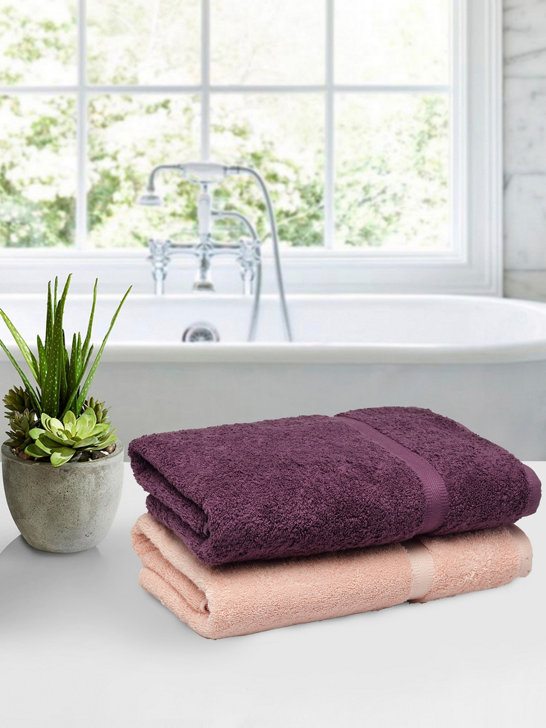 Buy Trident Set Of 2 Pink & Purple Solid 600GSM Luxury Collection Bath