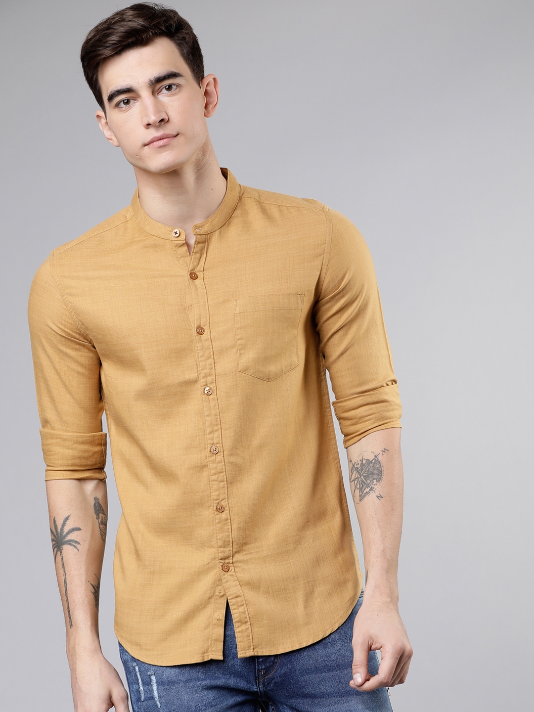 Buy HIGHLANDER Men Mustard Brown Slim Fit Solid Casual Shirt - Shirts ...