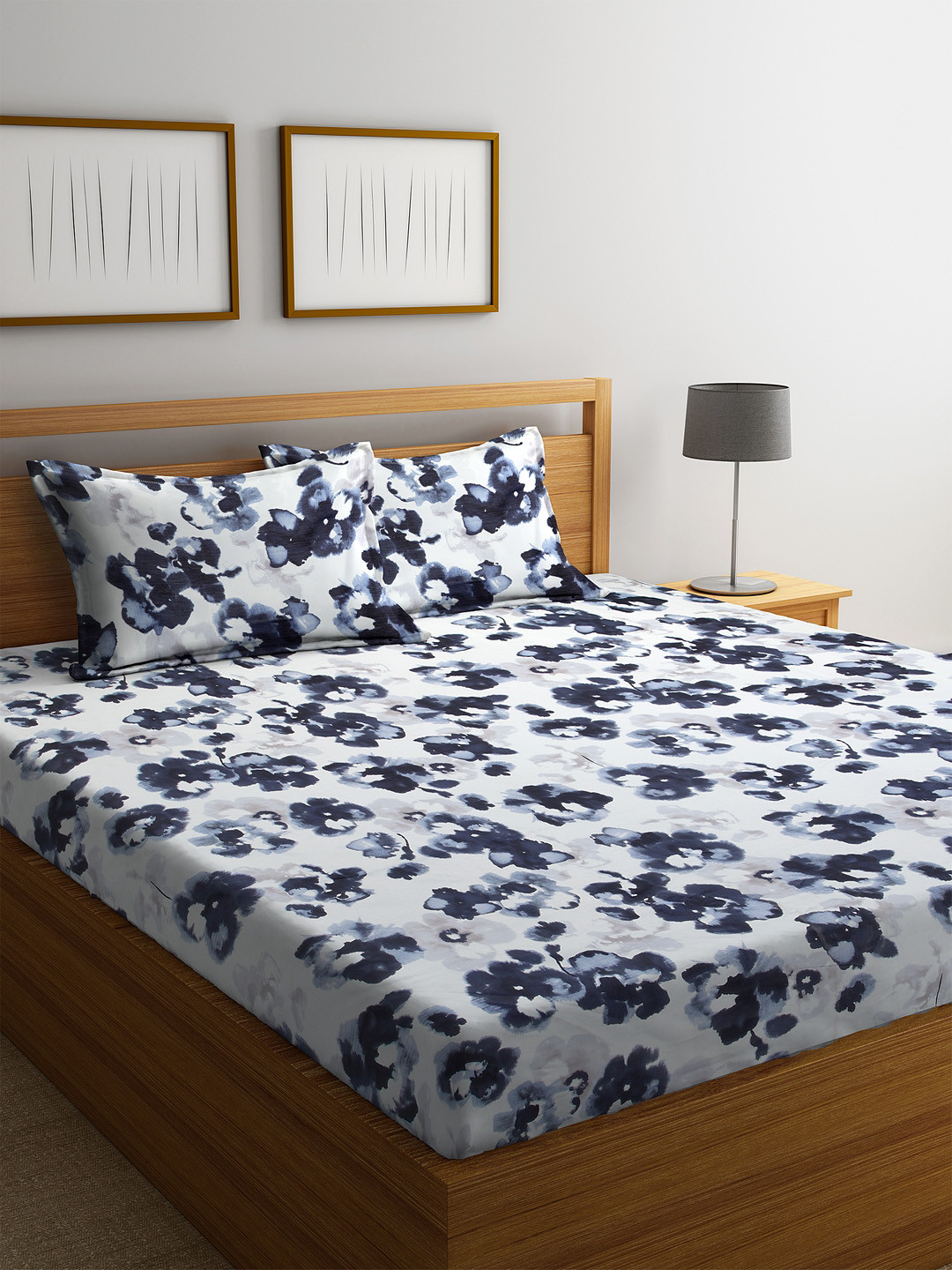 Buy MYTRIDENT White Navy Blue Floral 300 TC Cotton 1 King Bedsheet With 2 Pillow Covers