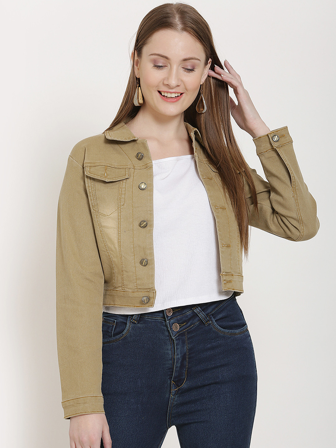 Buy Nifty Women Beige Solid Denim Jacket Jackets for Women 11106384