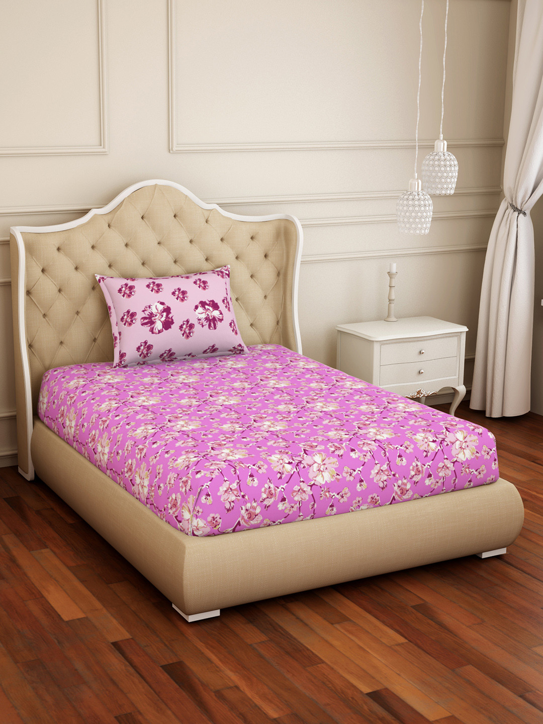 Buy SPACES Pink Floral 144 TC Cotton 1 Single Bedsheet With 1 Pillow