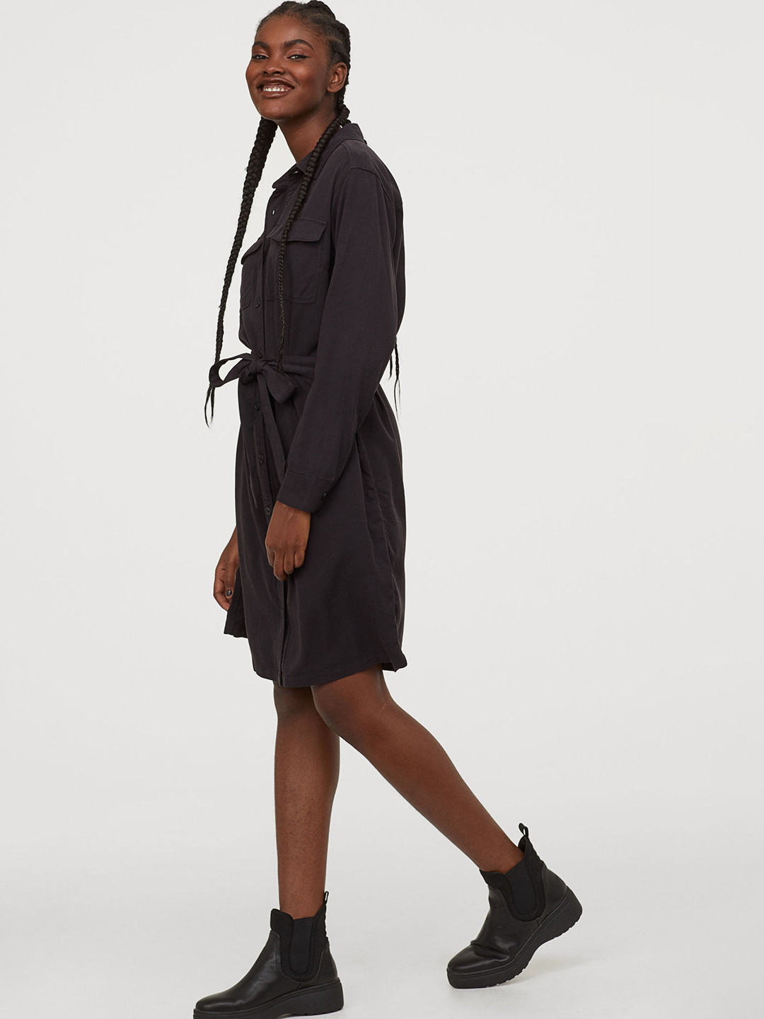 Buy H&M Women Black Solid Shirt Dress With A Tie Belt Dresses for