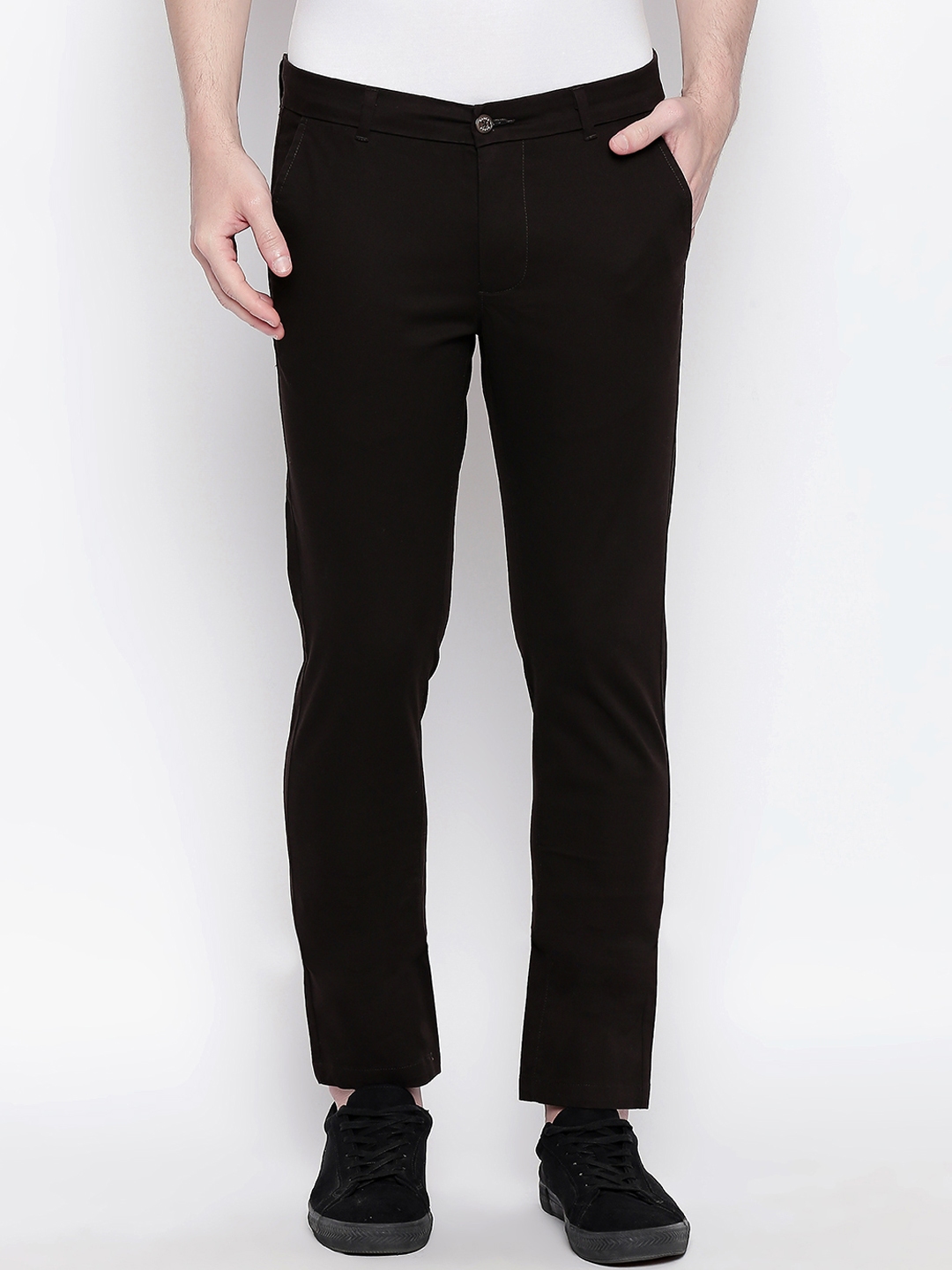 Buy Basics Men Coffee Brown Tapered Fit Solid Regular Trousers ...