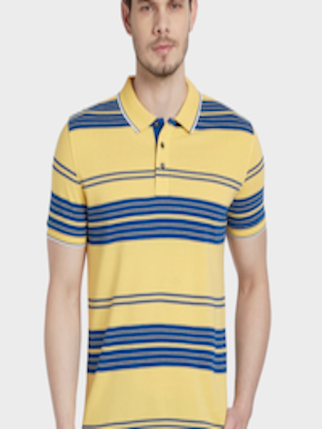 Buy ColorPlus Men Yellow & Blue Striped Polo Collar T Shirt - Tshirts ...