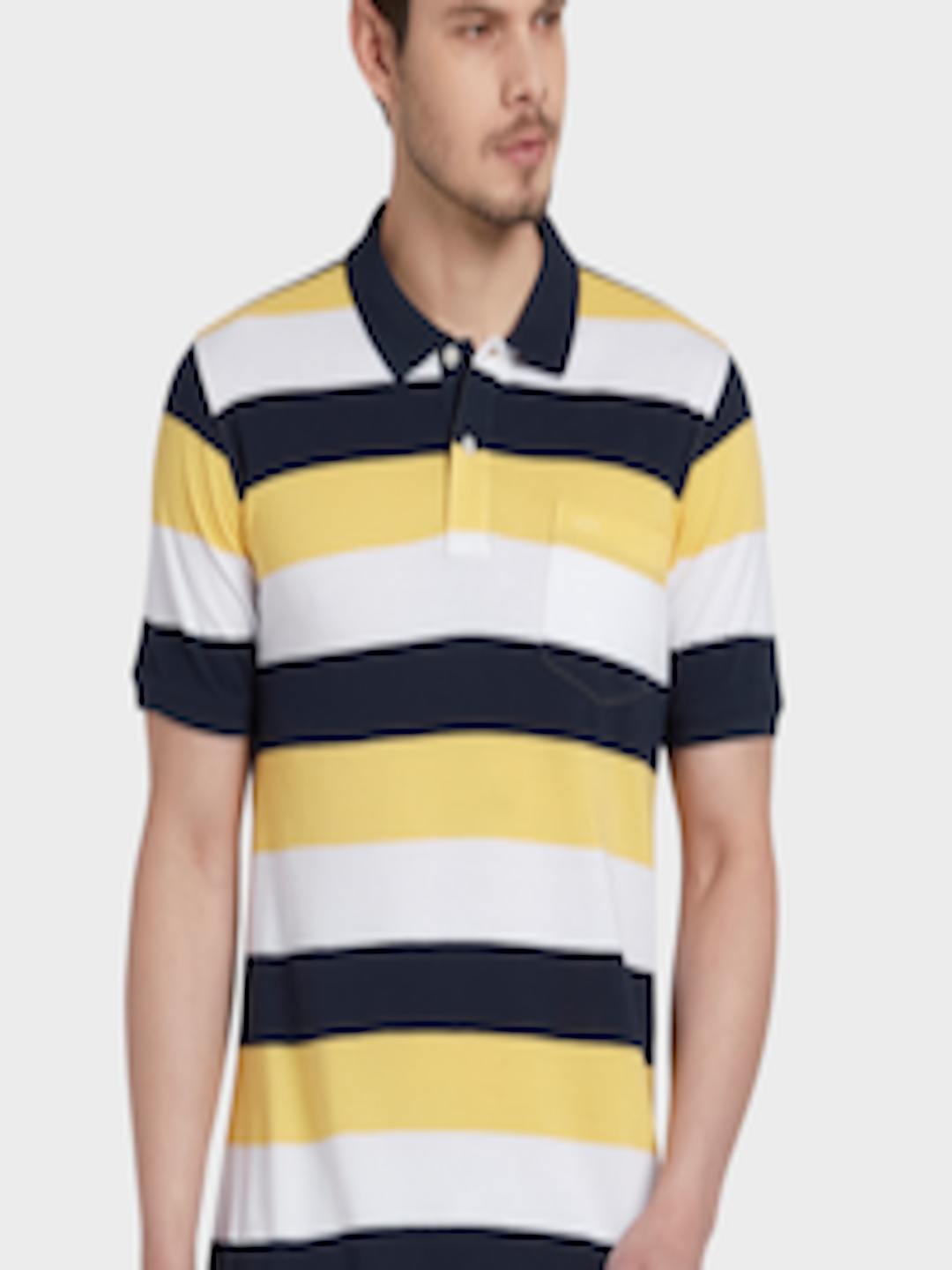 Buy ColorPlus Men Yellow & Navy Blue Striped Polo Collar T Shirt ...