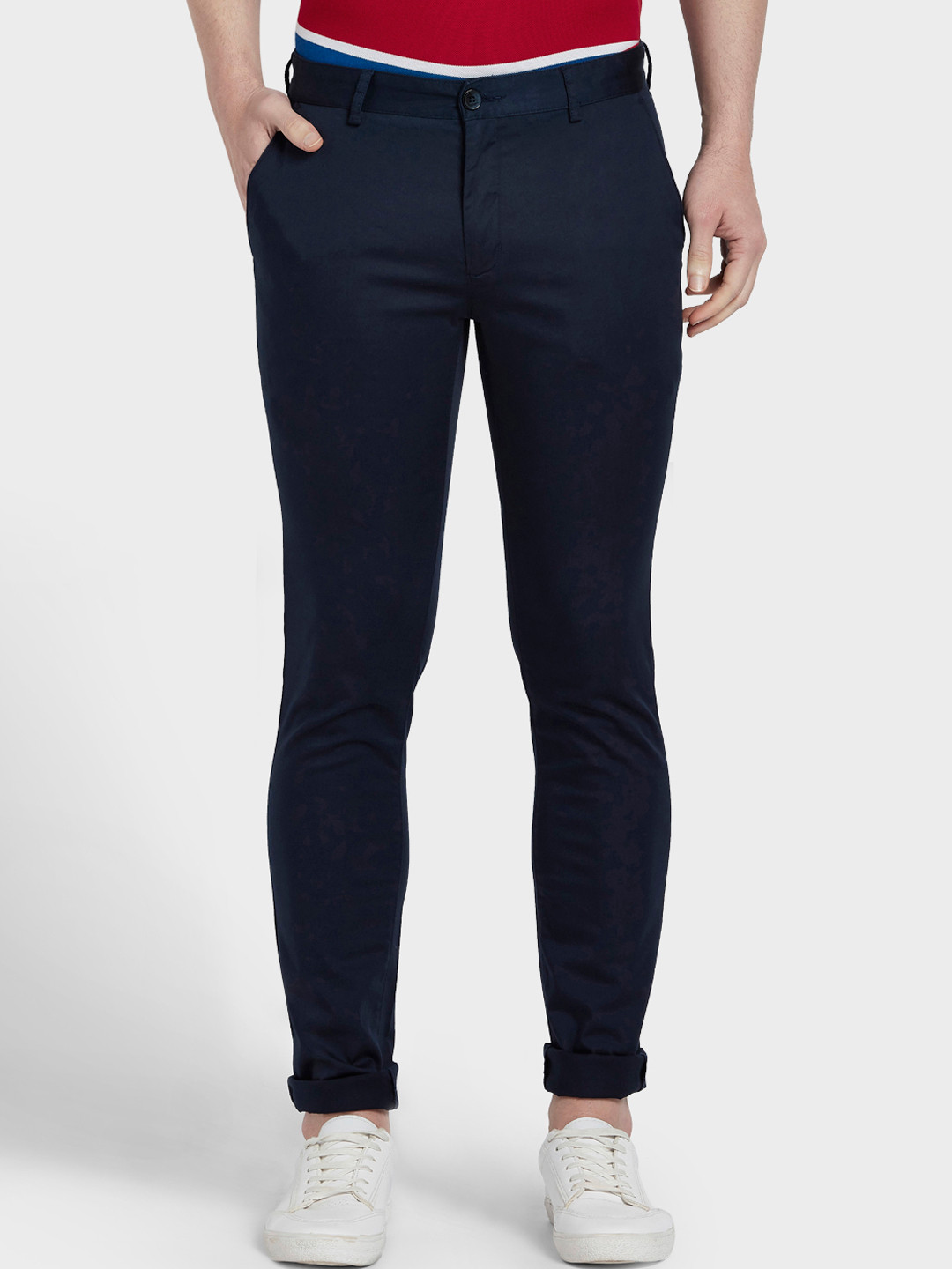 Buy ColorPlus Men Navy Blue Regular Fit Solid Regular Trousers ...