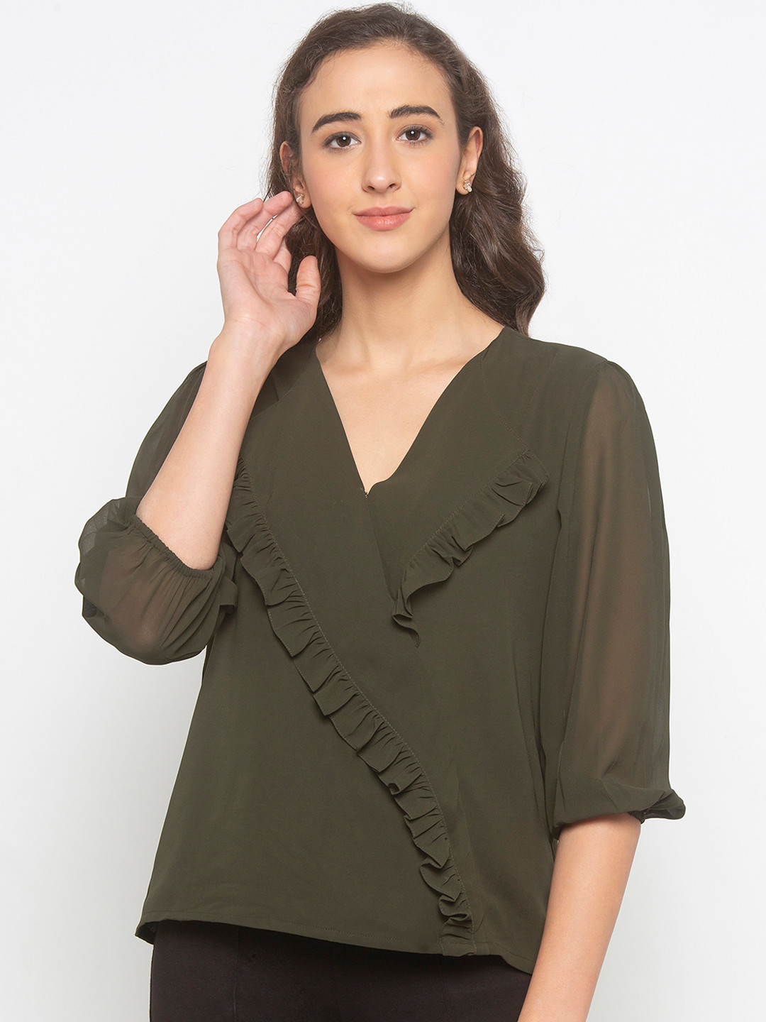 Buy Iti Women Olive Green Solid Ruffled Top Tops for Women 11145408