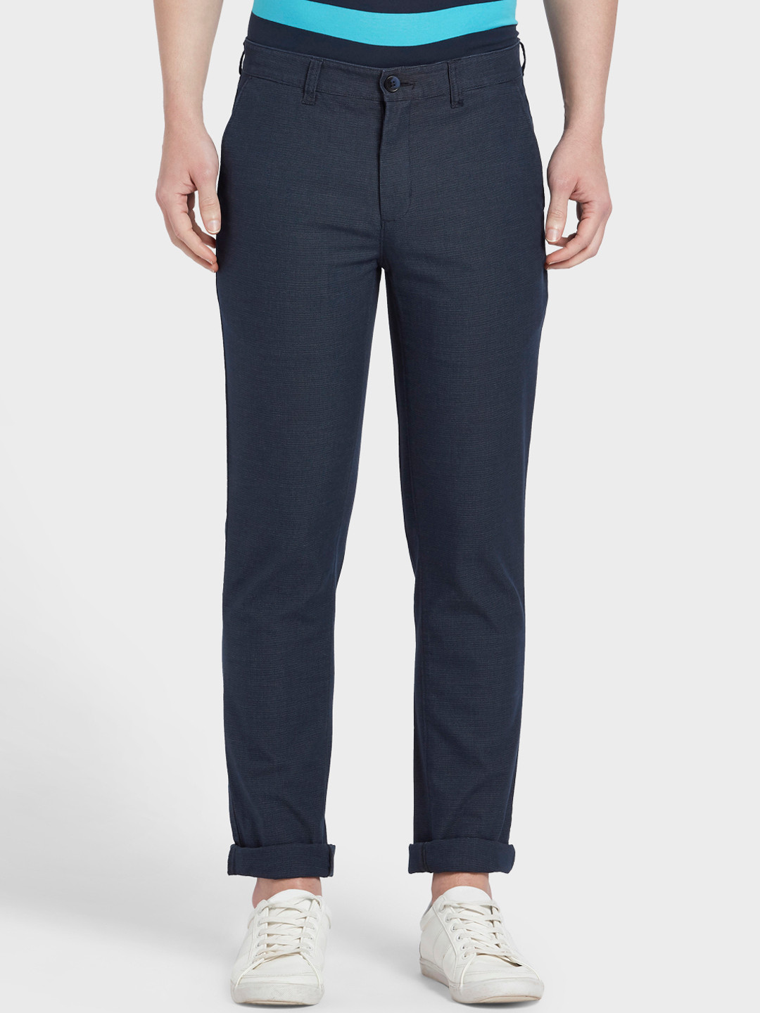 Buy ColorPlus Men Navy Blue Regular Fit Self Design Regular Trousers ...
