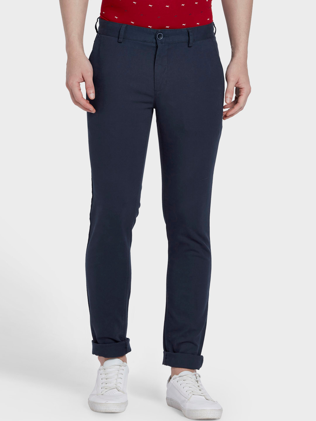 Buy ColorPlus Men Navy Blue Regular Fit Solid Regular Trousers ...