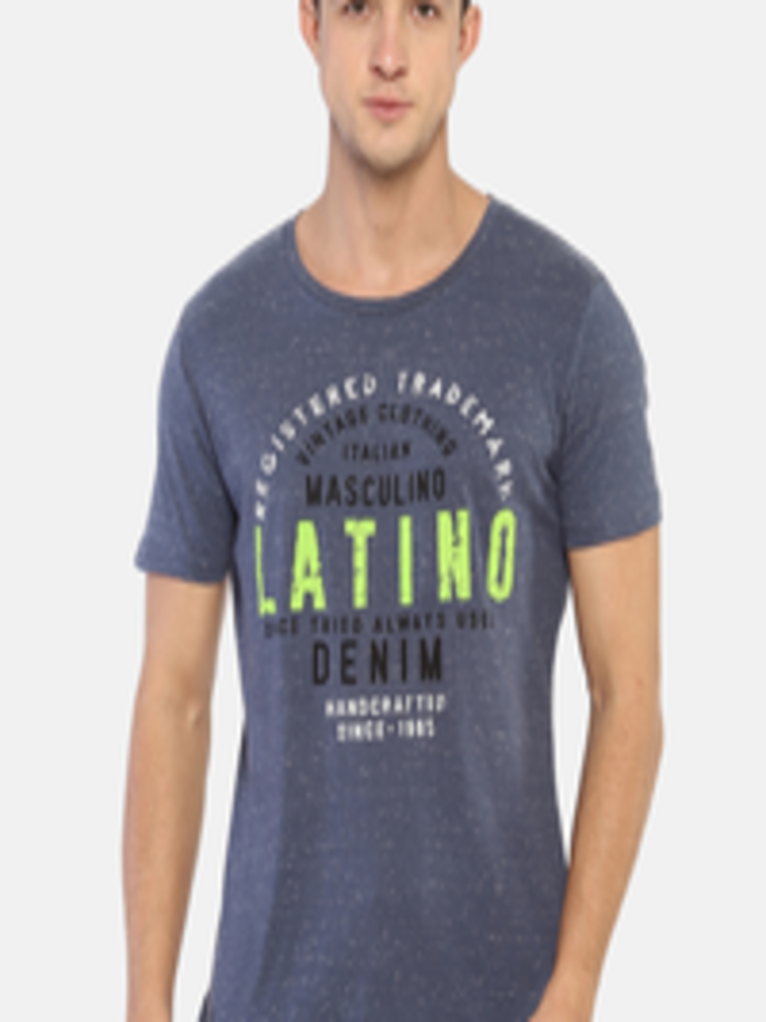 Buy Masculino Latino Men Navy Blue White Printed Round Neck Pure Cotton ...