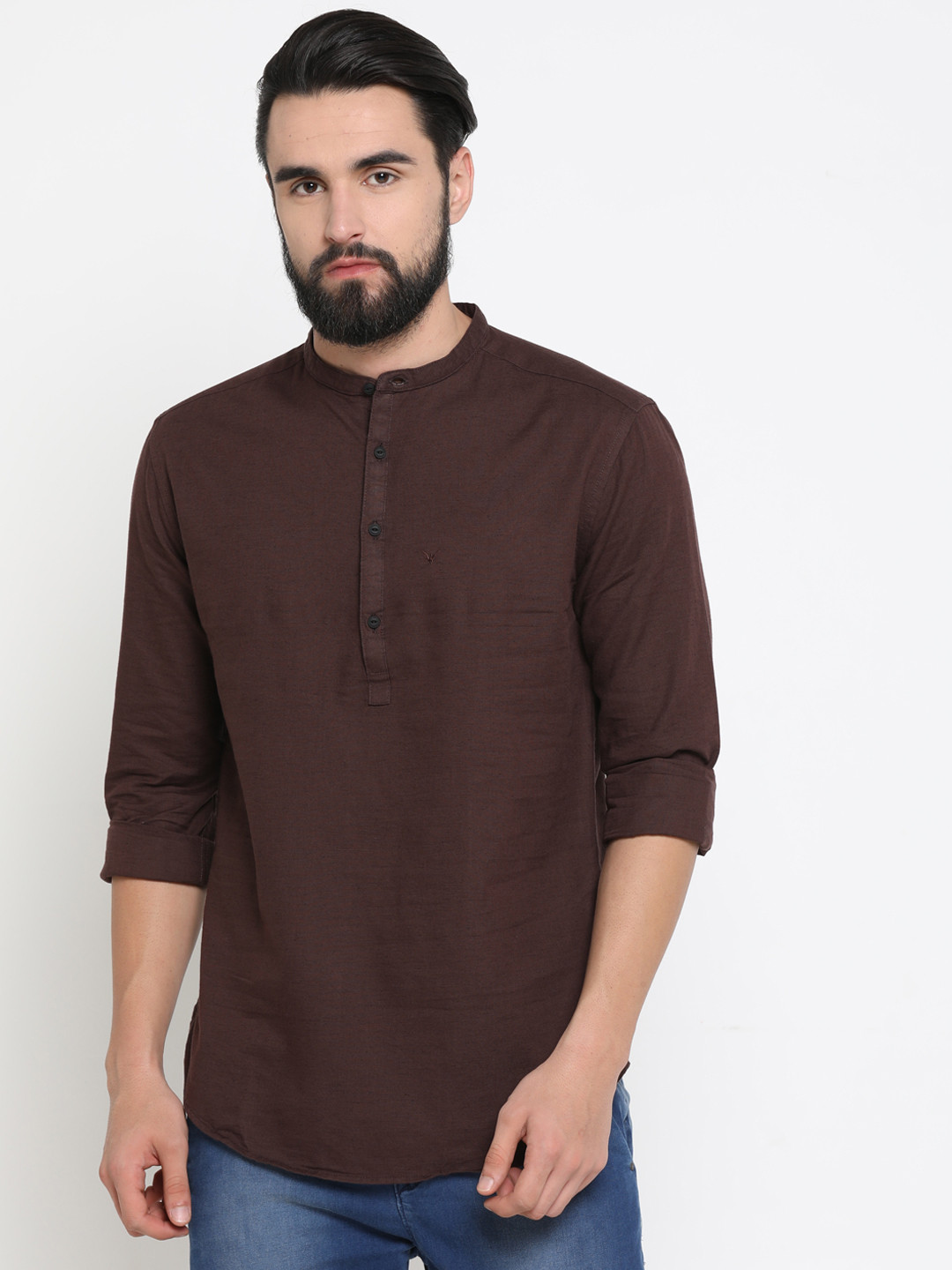 Buy SHOWOFF Men Coffee Brown Linen Solid Straight Kurta - Kurtas for Men 11147670 | Myntra