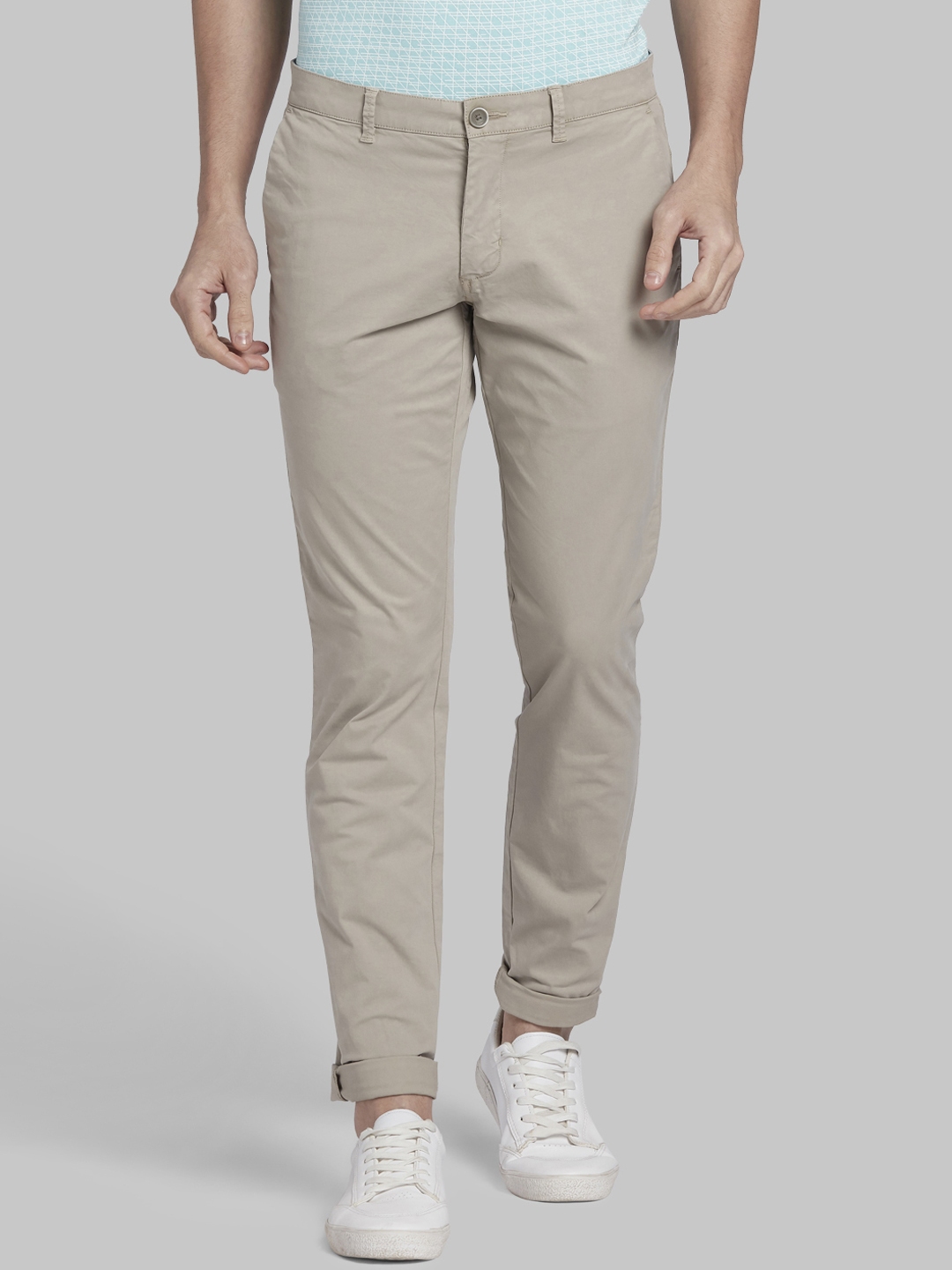 Buy Parx Men Taupe Tapered Fit Solid Regular Trousers - Trousers for ... image.