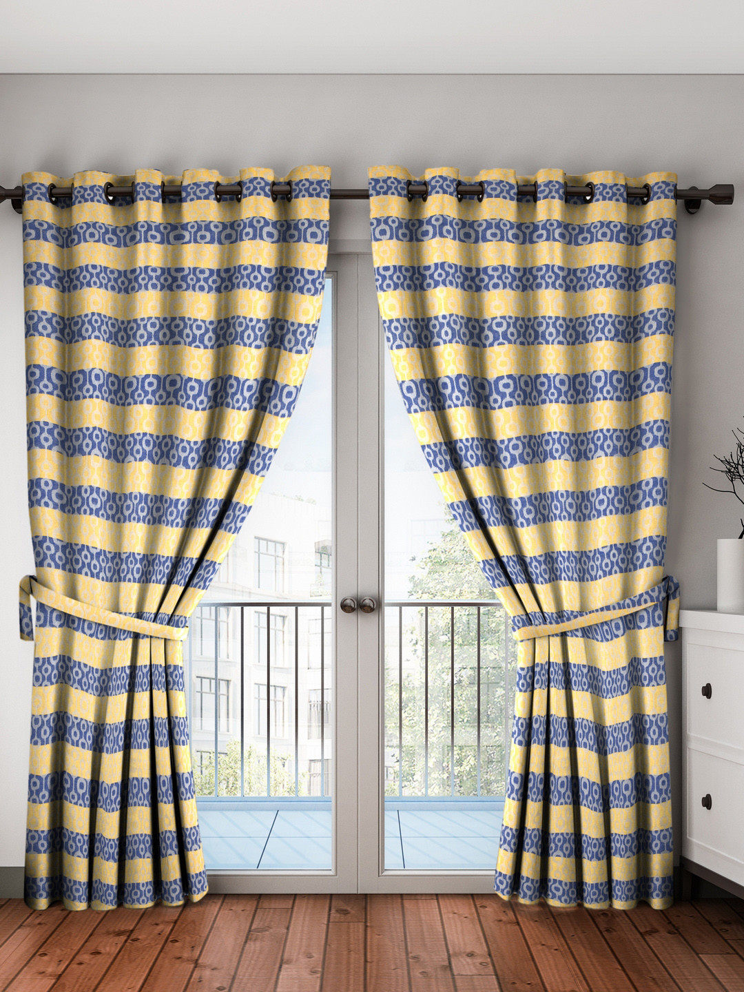 Buy NEUDIS Yellow & Blue Set Of 2 Striped Long Door Jacquard Curtains
