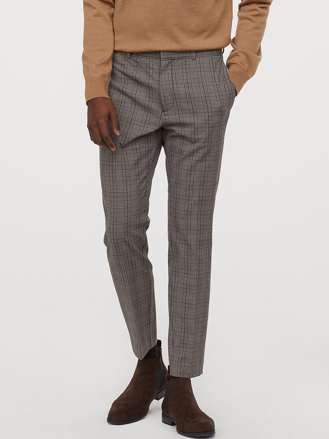 Buy H&M Men Beige & Black Checked Suit Trousers Skinny Fit - Trousers ...