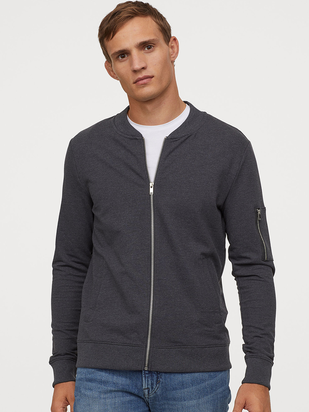 Buy H&M Men Grey Solid Sweatshirt Cardigan Muscle Fit Sweaters for