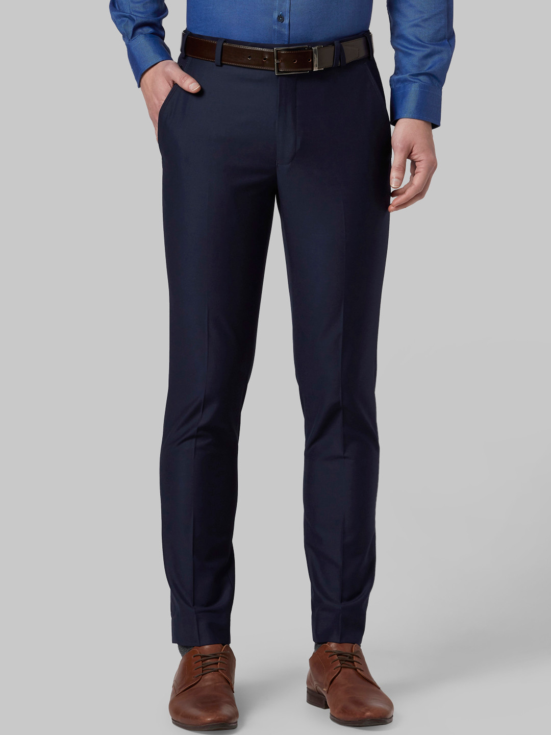 Buy Park Avenue Men Navy Blue Solid Regular Fit Formal Trousers ...