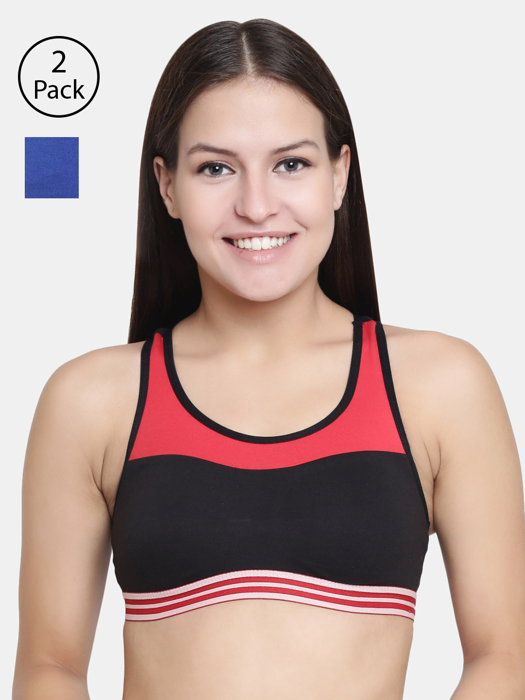 Buy Floret Pack Of 2 Black & Blue Solid Non Wired Non Padded Sports Bra