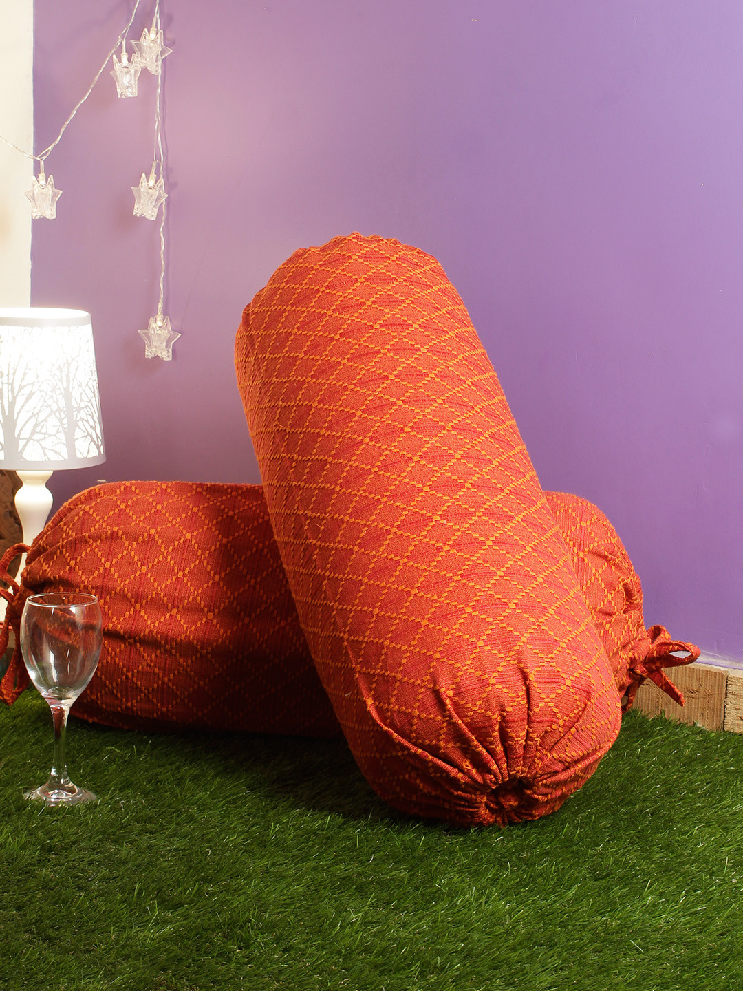 Buy Soumya Set Of 2 Orange & Yellow Embroidered Bolster Covers