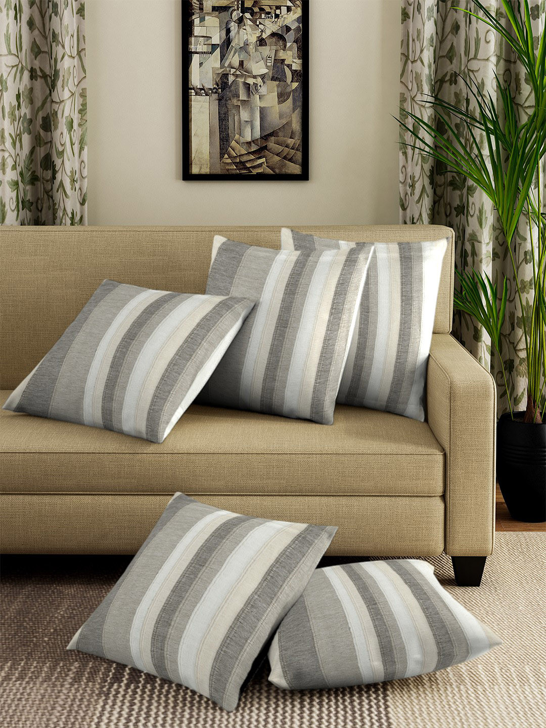 Buy NEUDIS Beige & Grey Set Of 5 Striped Square Cushion Covers