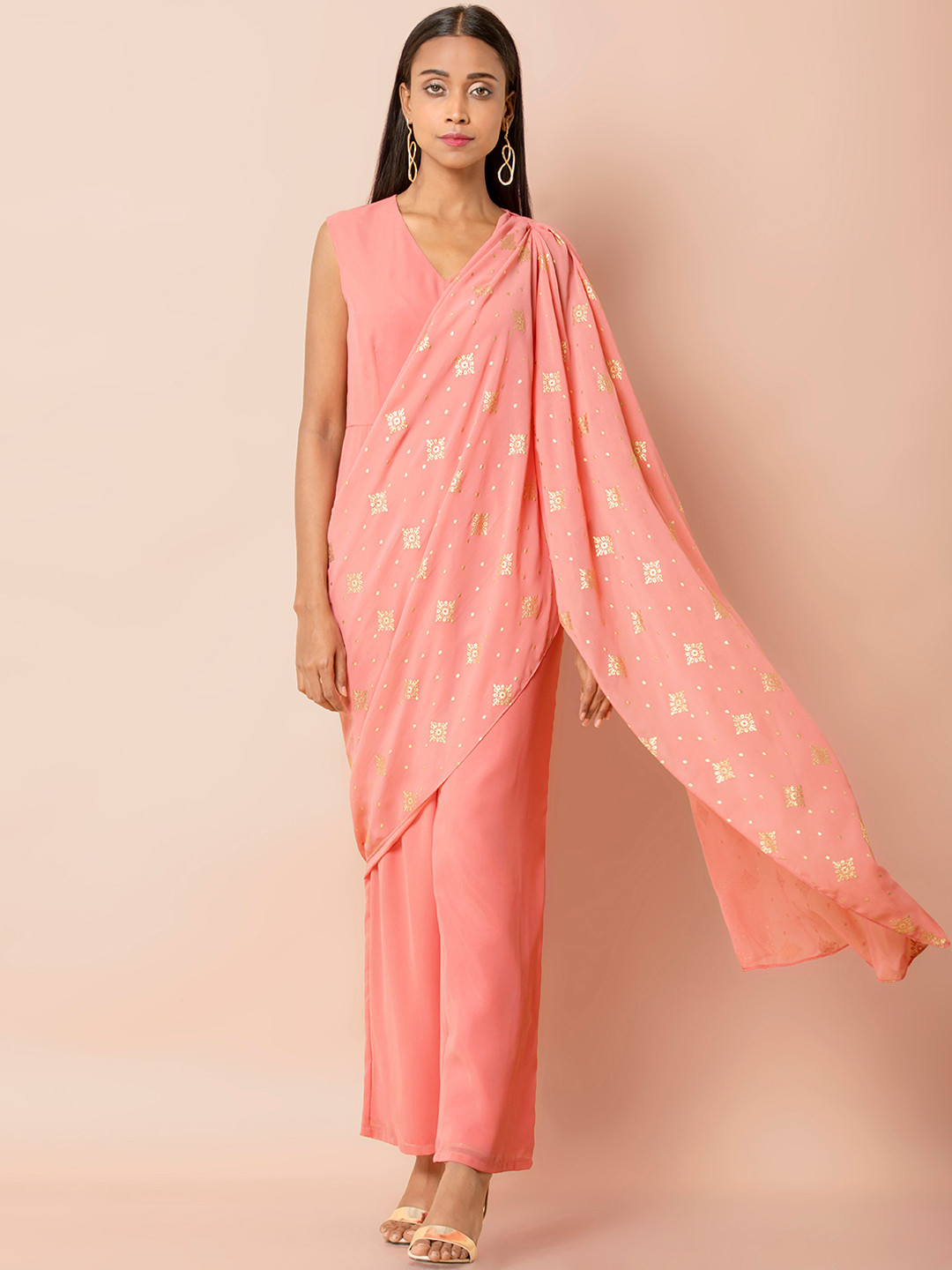 Buy INDYA Women Coral Pink Solid Basic Jumpsuit With Printed Attached Dupatta Jumpsuit for