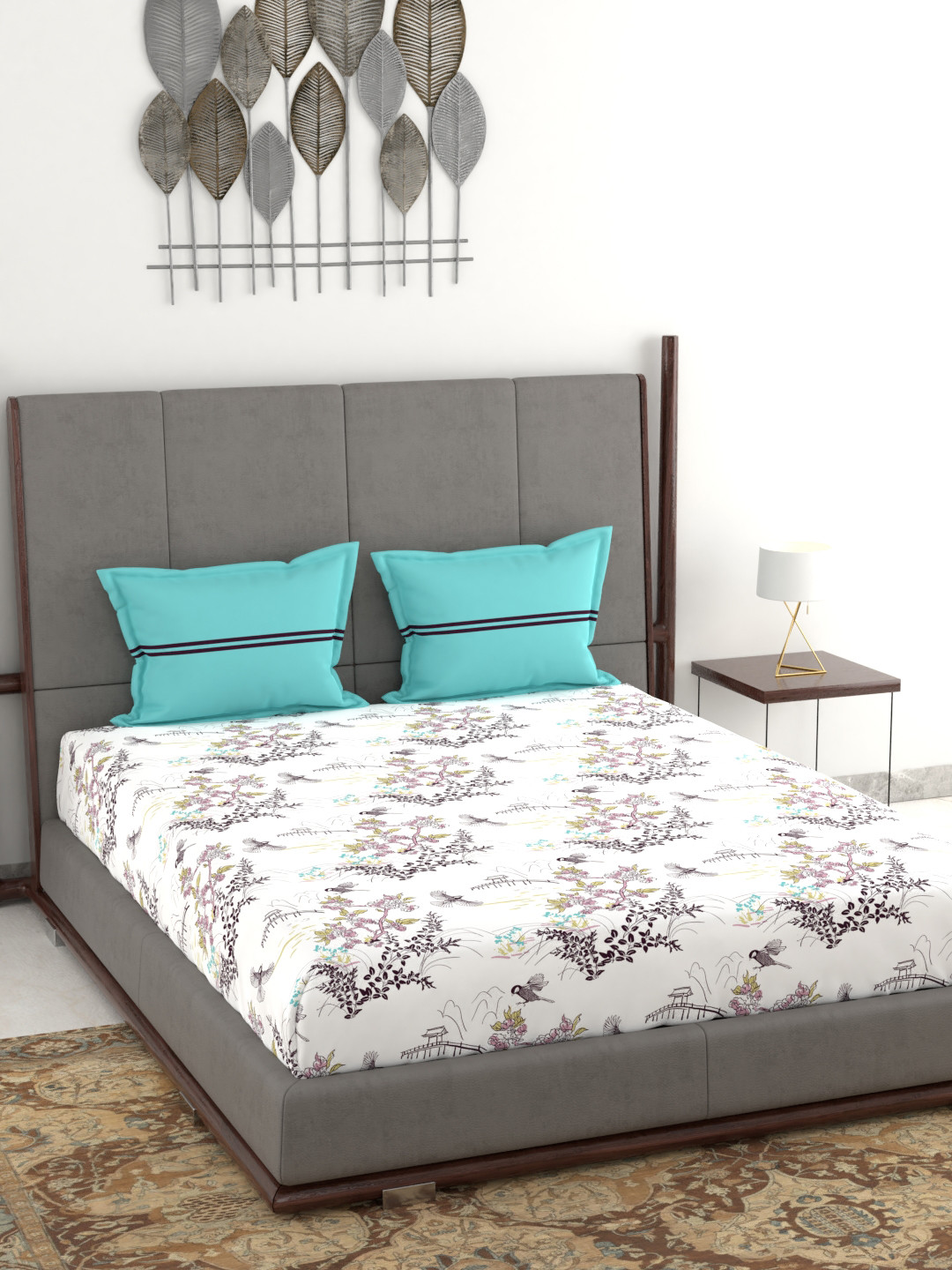 Buy MYTRIDENT White Blue Floral 120 TC Cotton 1 Queen Bedsheet With 2