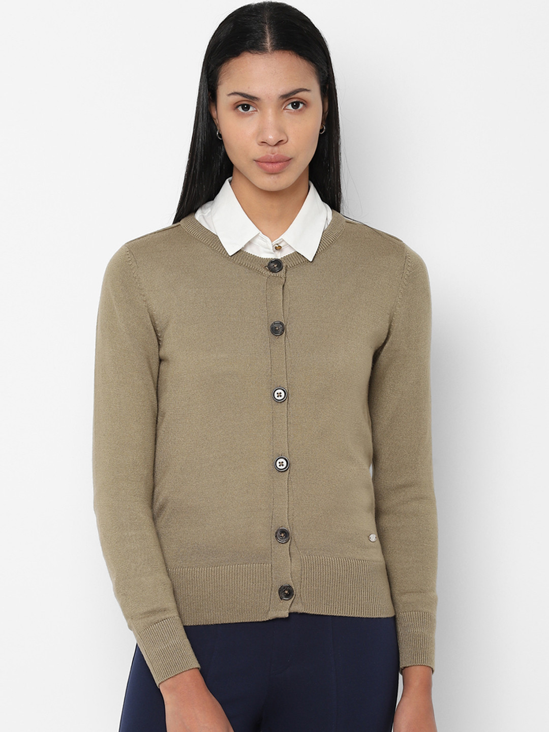 Buy Allen Solly Woman Women Khaki Solid Front Open Sweater - Sweaters for Women 11194894 | Myntra