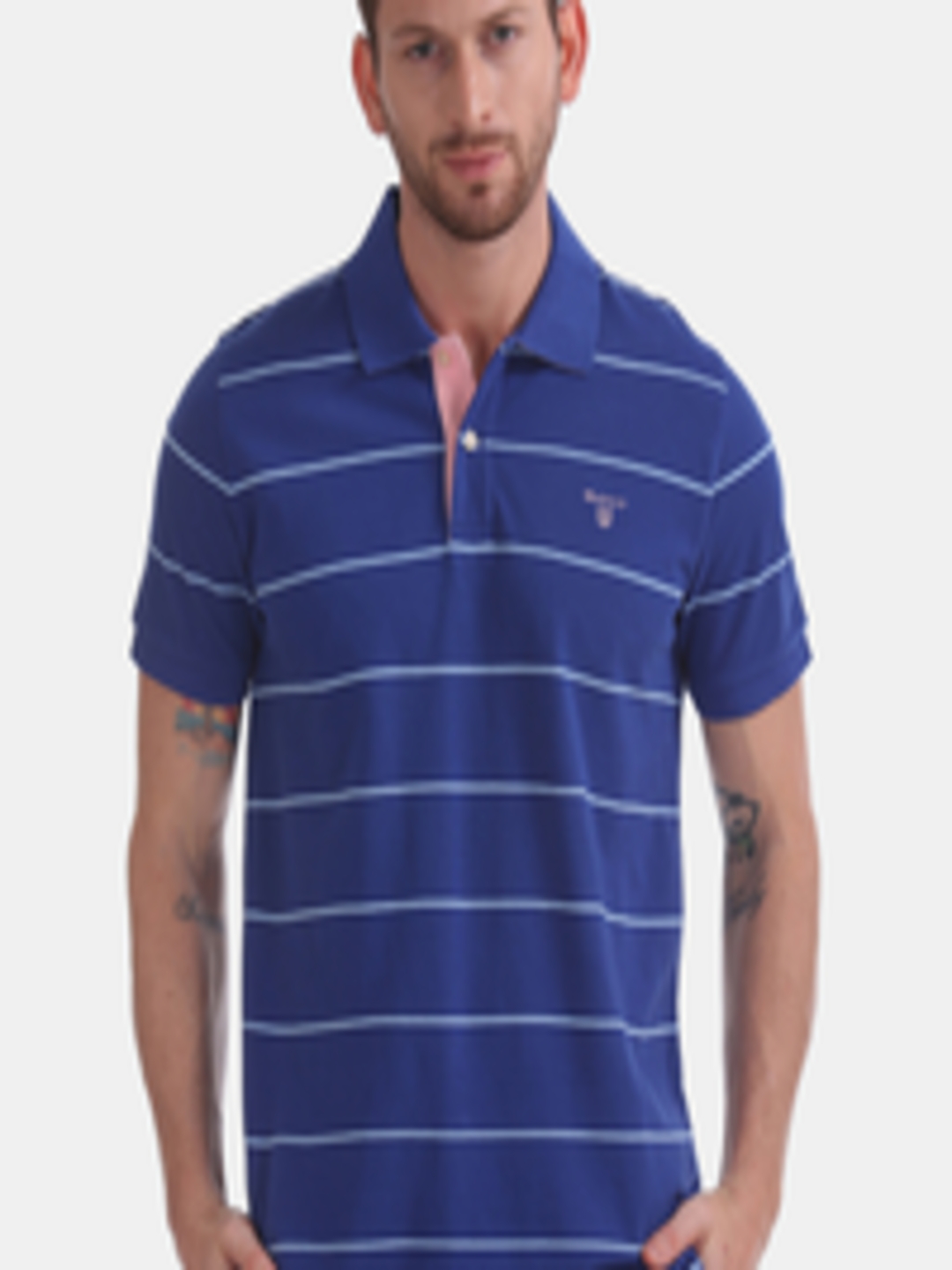Buy GANT Men Blue Striped Polo Collar Pure Cotton T Shirt - Tshirts for ...