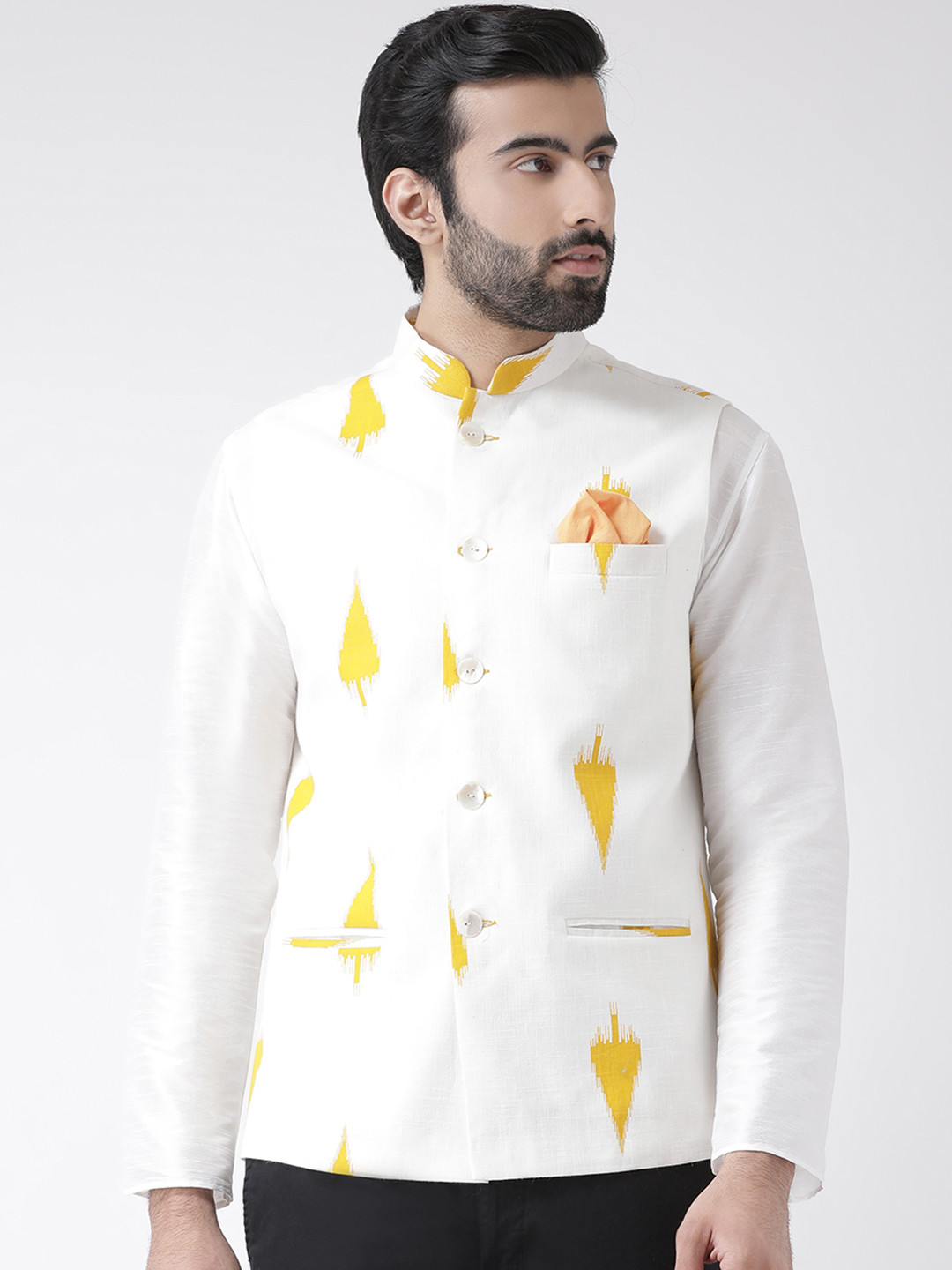 Men's Printed Yellow Nehru Jacket