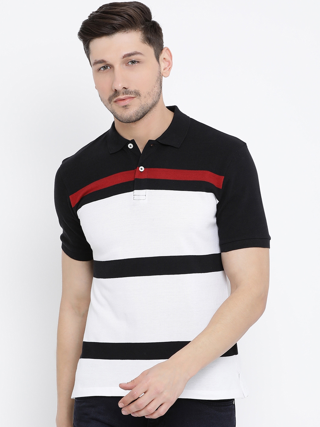 Buy Austin Wood Men Black & White Striped Polo Collar T Shirt - Tshirts ...