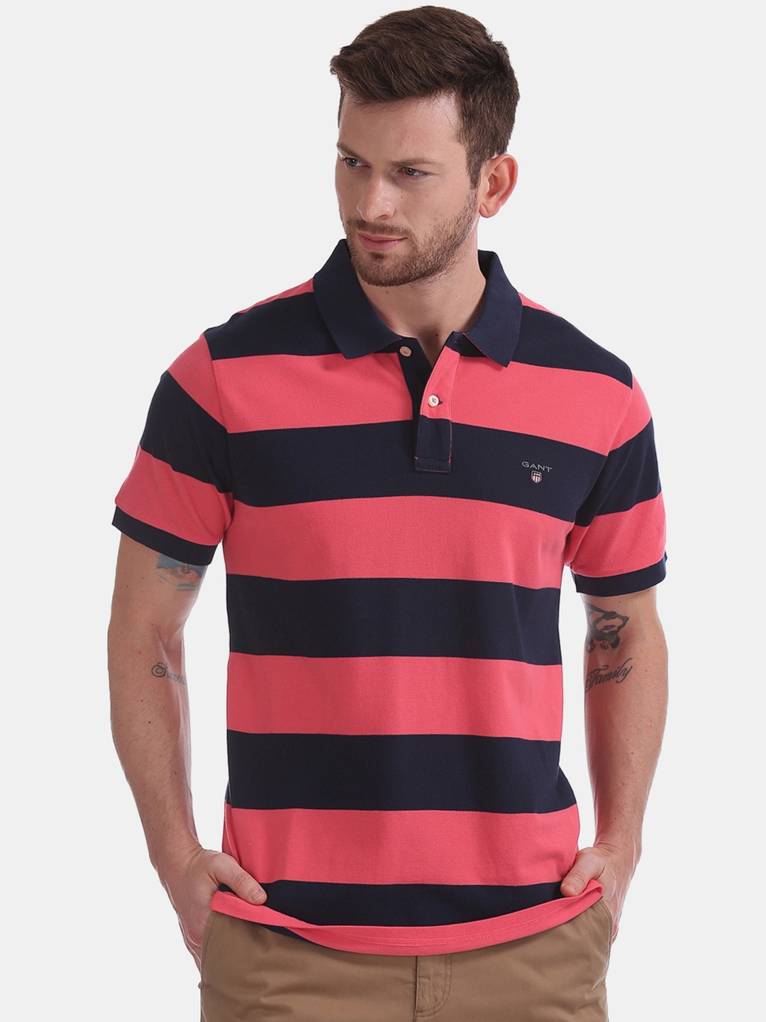 Buy GANT Men Pink And Navy Blue Striped Polo Collar Pure Cotton T Shirt ...