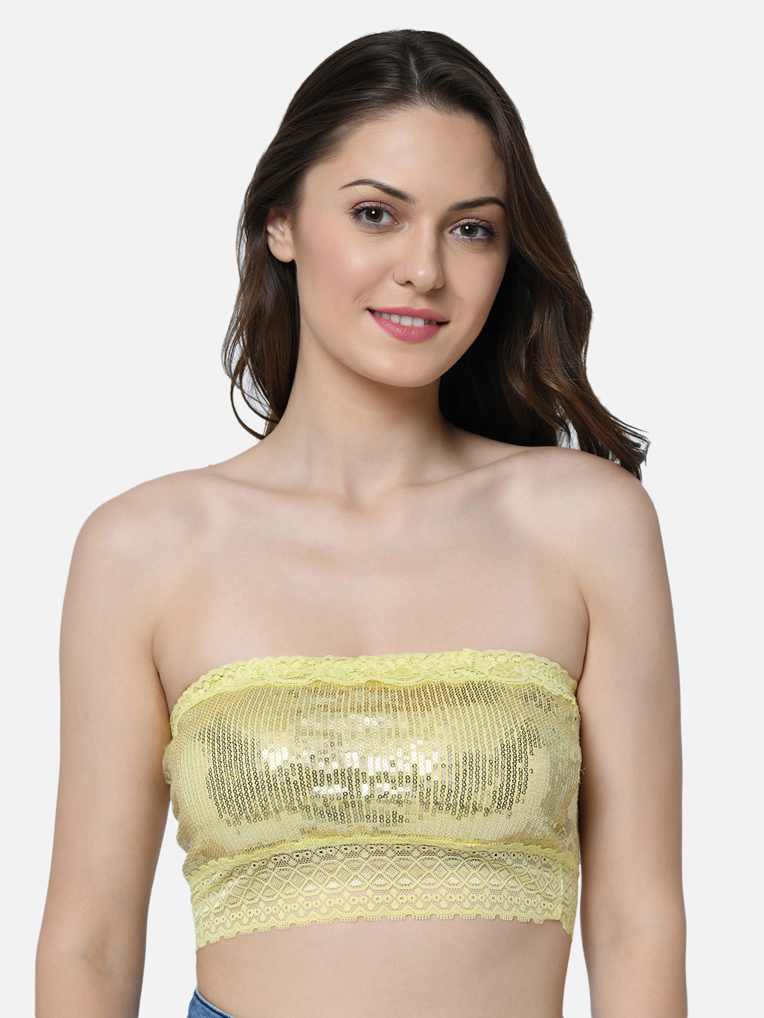 Buy Da Intimo Yellow Sequinned & Lace Non Wired Non Padded Bandeau Bra