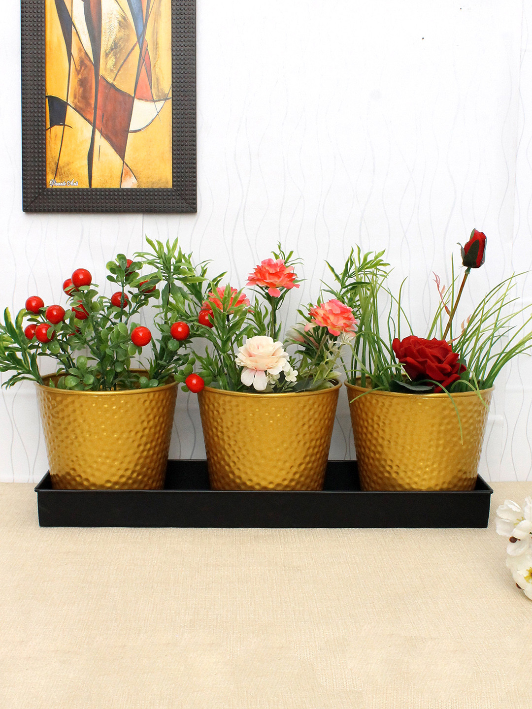 Buy Home Sparkle Set Of 3 Gold Toned & Black Round Planters With Tray