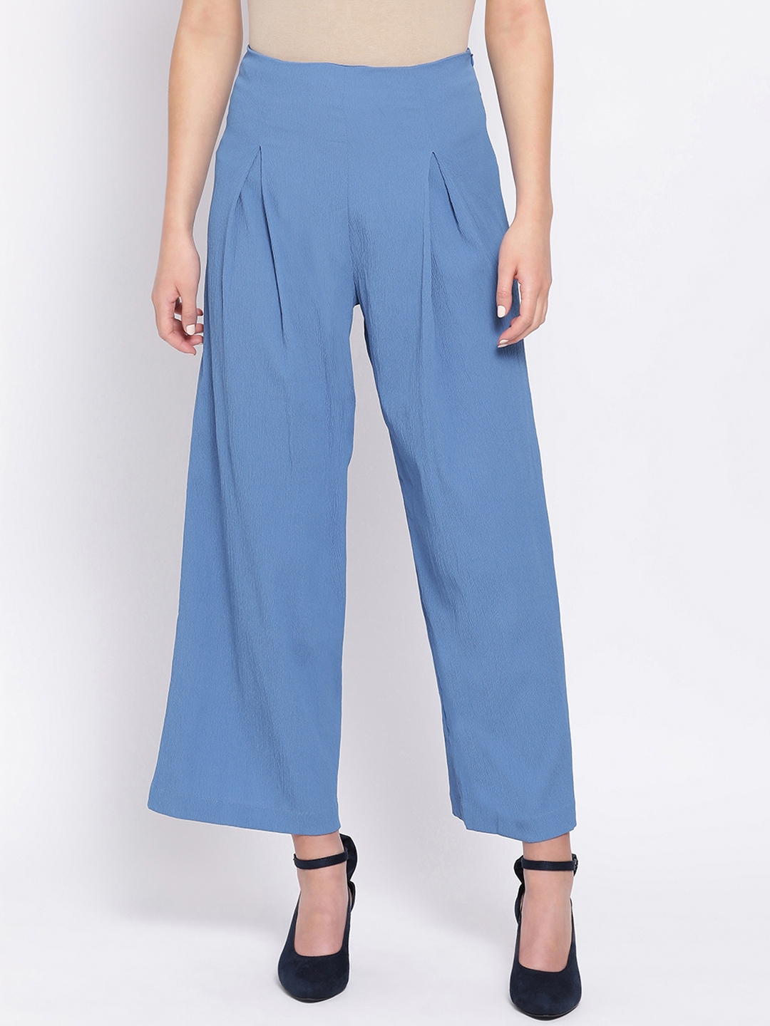 Buy Oxolloxo Women Blue Regular Fit Solid Parallel Trousers - Trousers ...