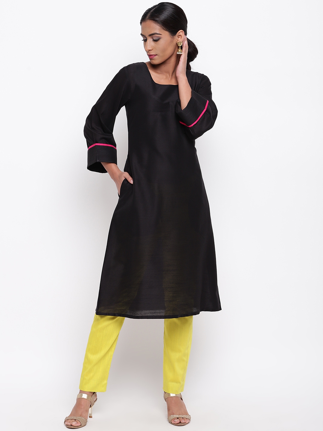 Buy TrueBrowns Women Black & Yellow Solid Kurta With Trousers - Kurta ...