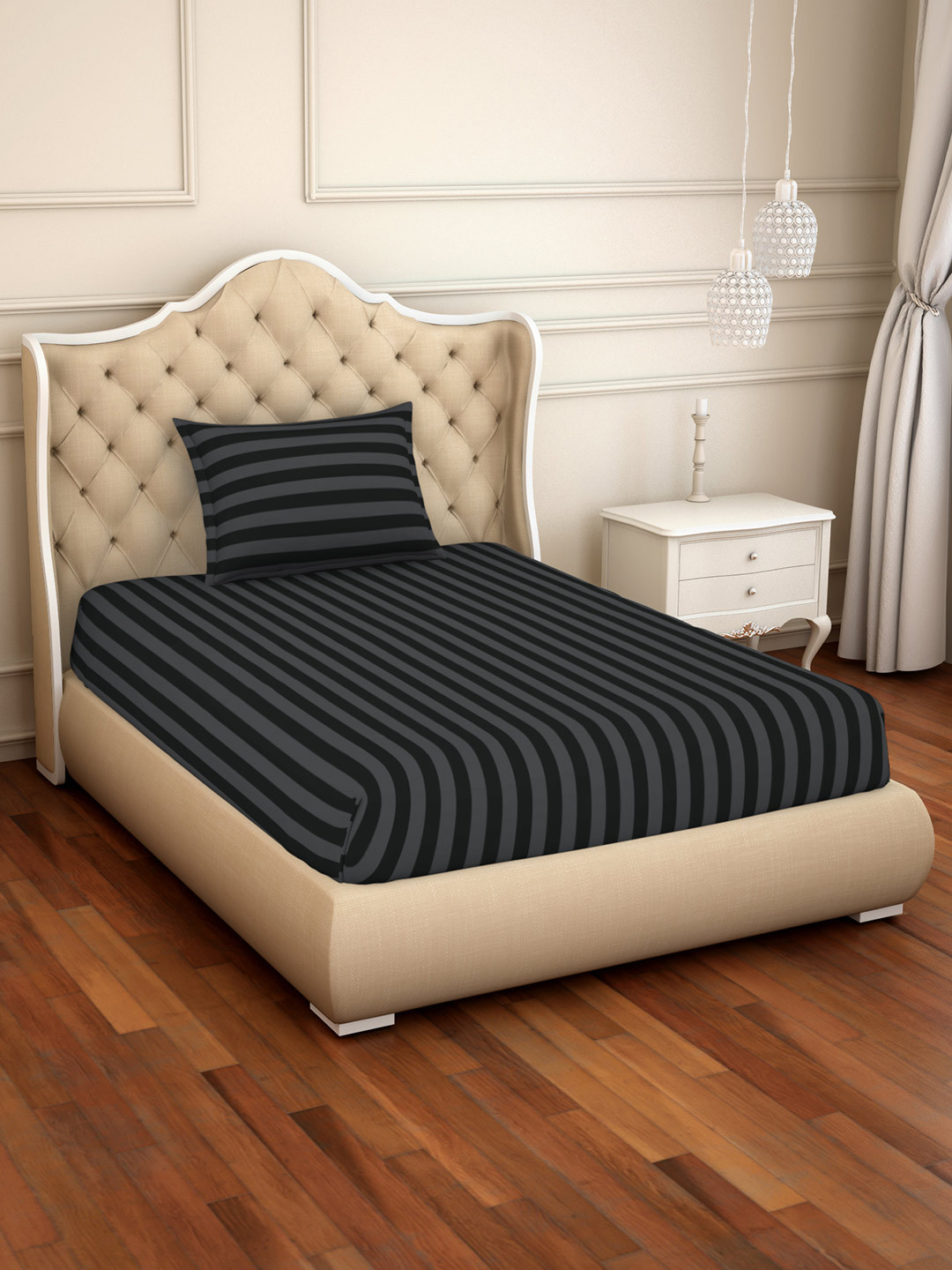 Buy SPACES Black Striped 210 TC Cotton 1 Single Bedsheet With 1 Pillow