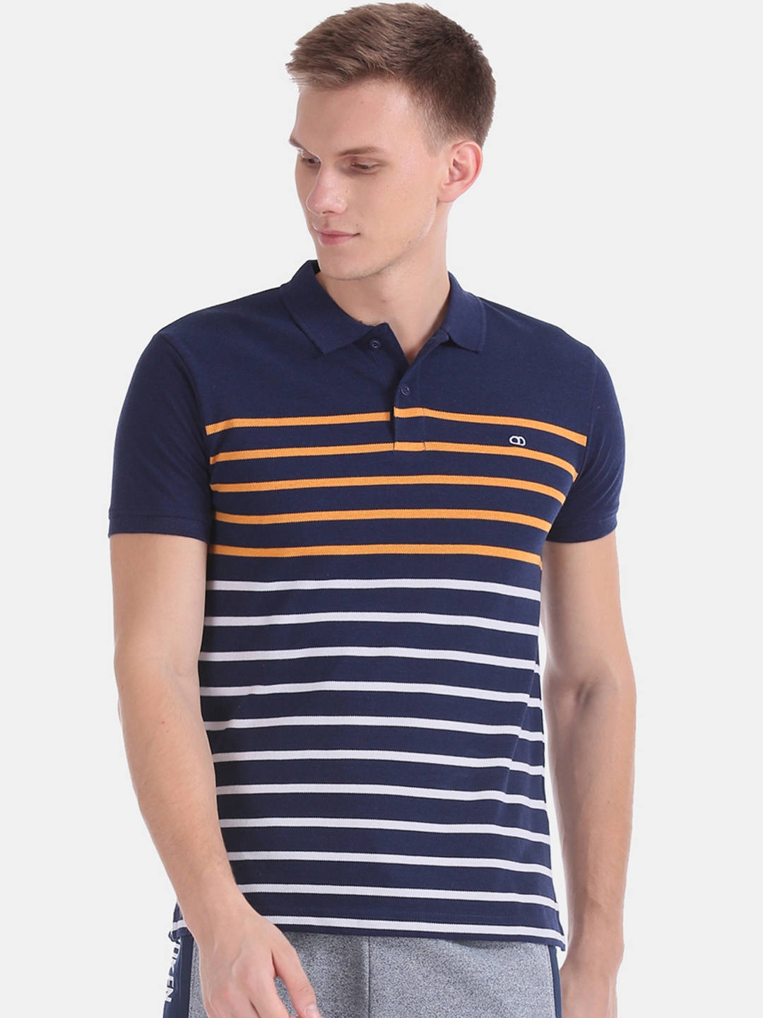 Buy Ruggers Men Navy Blue & Orange Striped Polo Collar T Shirt ...