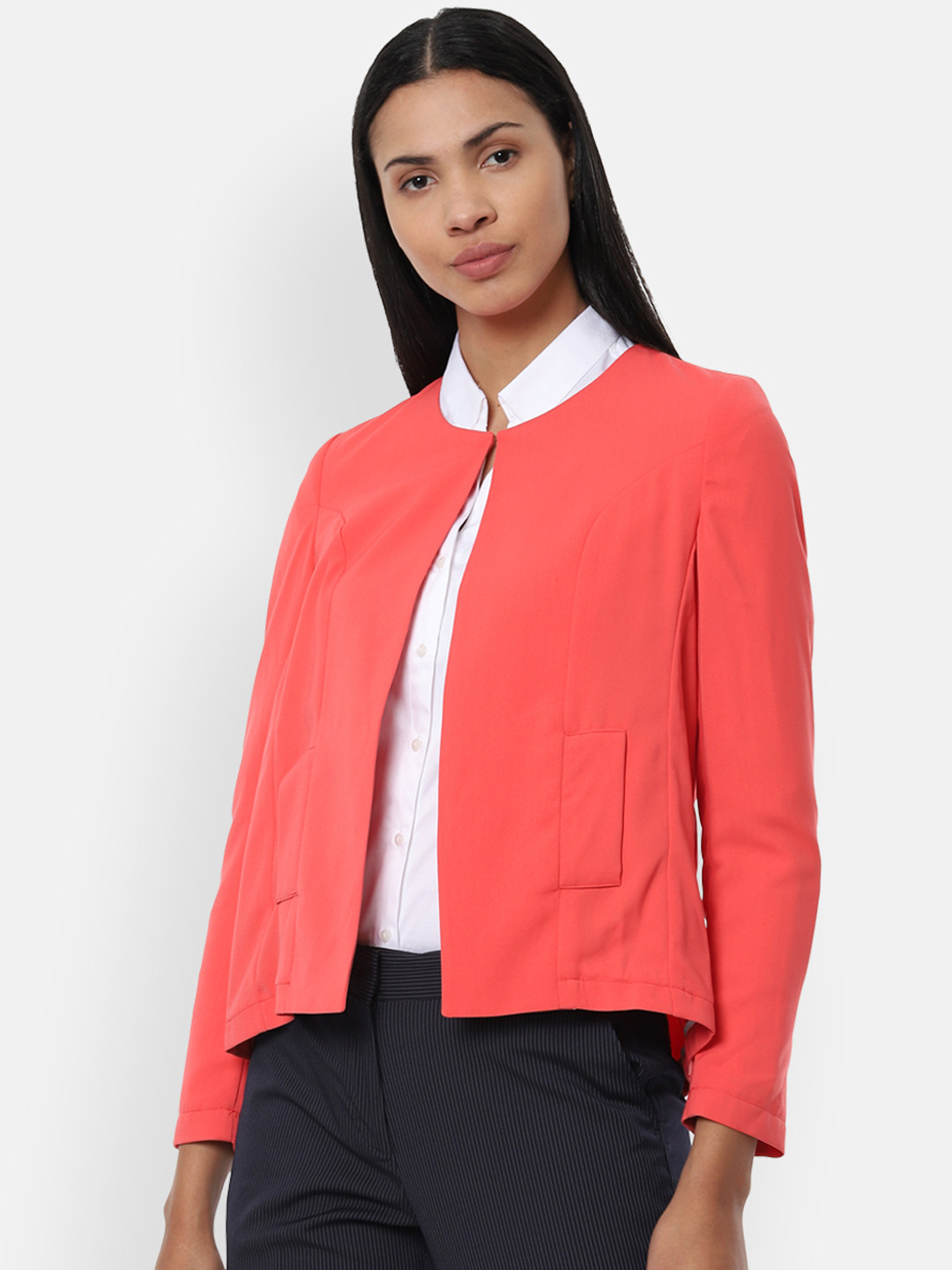 Buy Van Heusen Women Peach Solid Single Breasted Blazer Blazers for