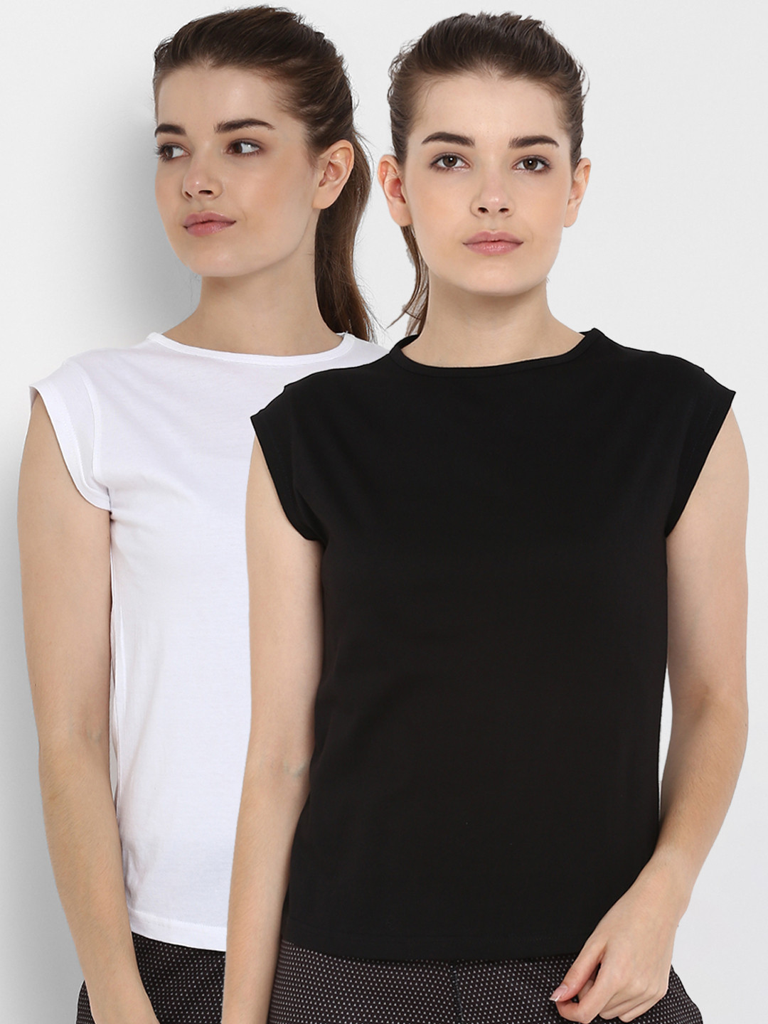 Buy Appulse Women Pack Of 2 White & Black Solid Round Neck T Shirt