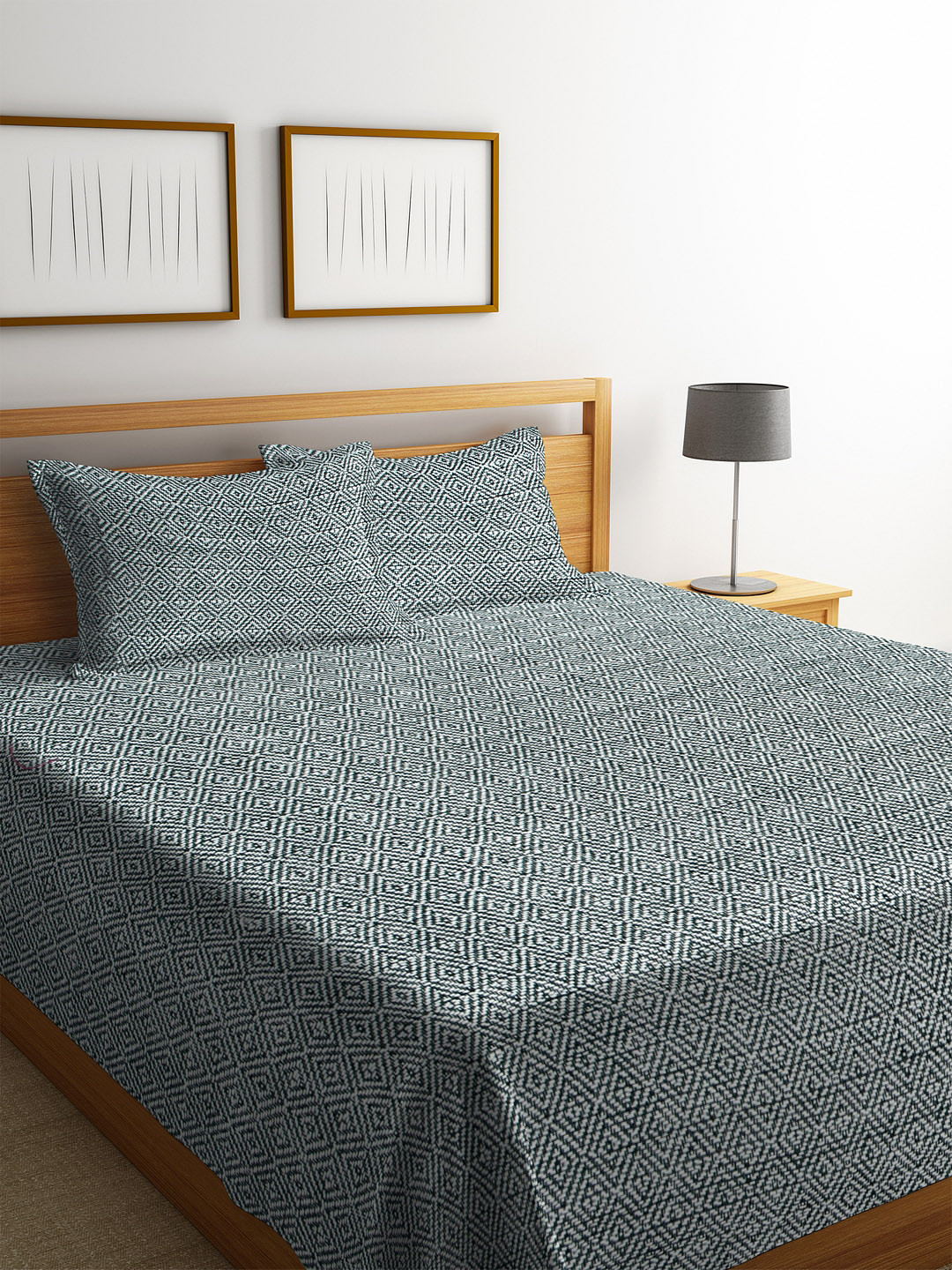 Buy KLOTTHE Grey & White Woven Design Double Bed Cover With 2 Pillow