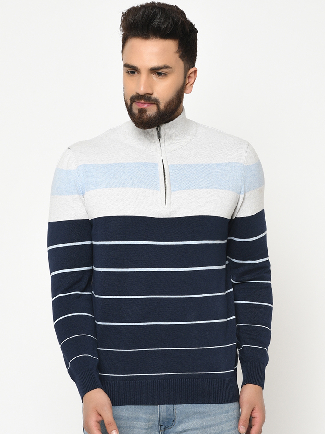 Buy ARMISTO Men Off White & Blue Striped Half Zipper Sweater - Sweaters ...